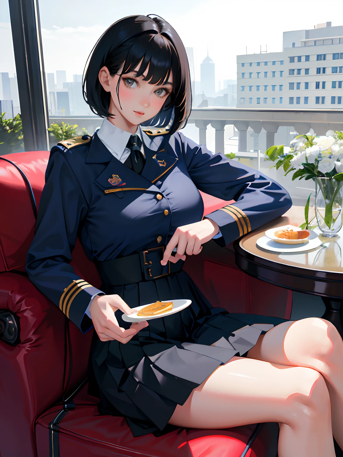 (highest resolution, distinct_image), best quality, masterpiece, highly detailed, semi realistic, a woman with short black hair, mature woman, triple bangs, blue uniform, blue pleated skirt, military uniform, main perspective, military academy, dining, lunch, and being with classmates,