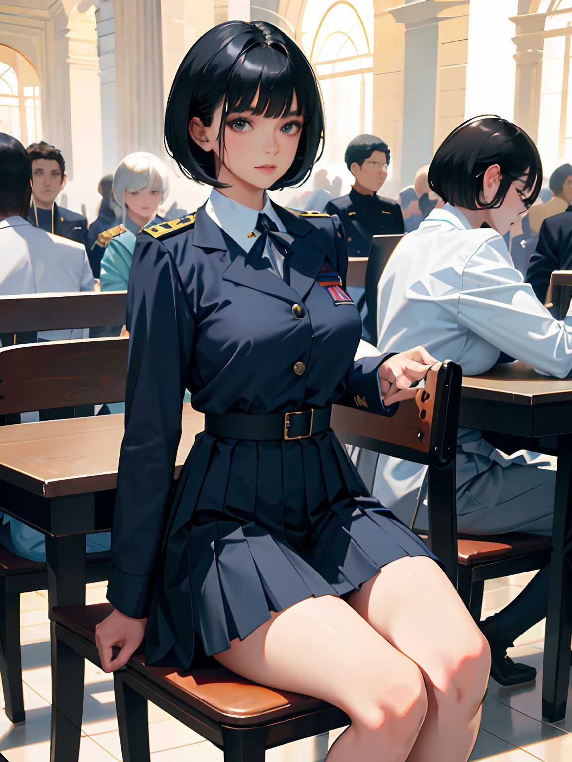 (highest resolution, distinct_image), best quality, masterpiece, highly detailed, semi realistic, a woman with short black hair, mature woman, triple bangs, blue uniform, blue pleated skirt, military uniform, main perspective, military academy, cafeteria, dining, lunch, with classmates, multiple background, crowd background, etc,