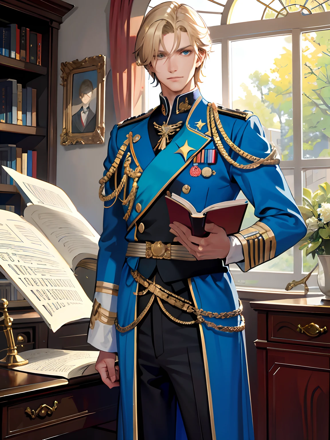 (highest resolution, distinct_image), best quality, masterpiece, highly detailed, semi realistic, a man with short golden hair, mature man, triple bangs, blue uniform, military uniform, military academy, studying, holding a book