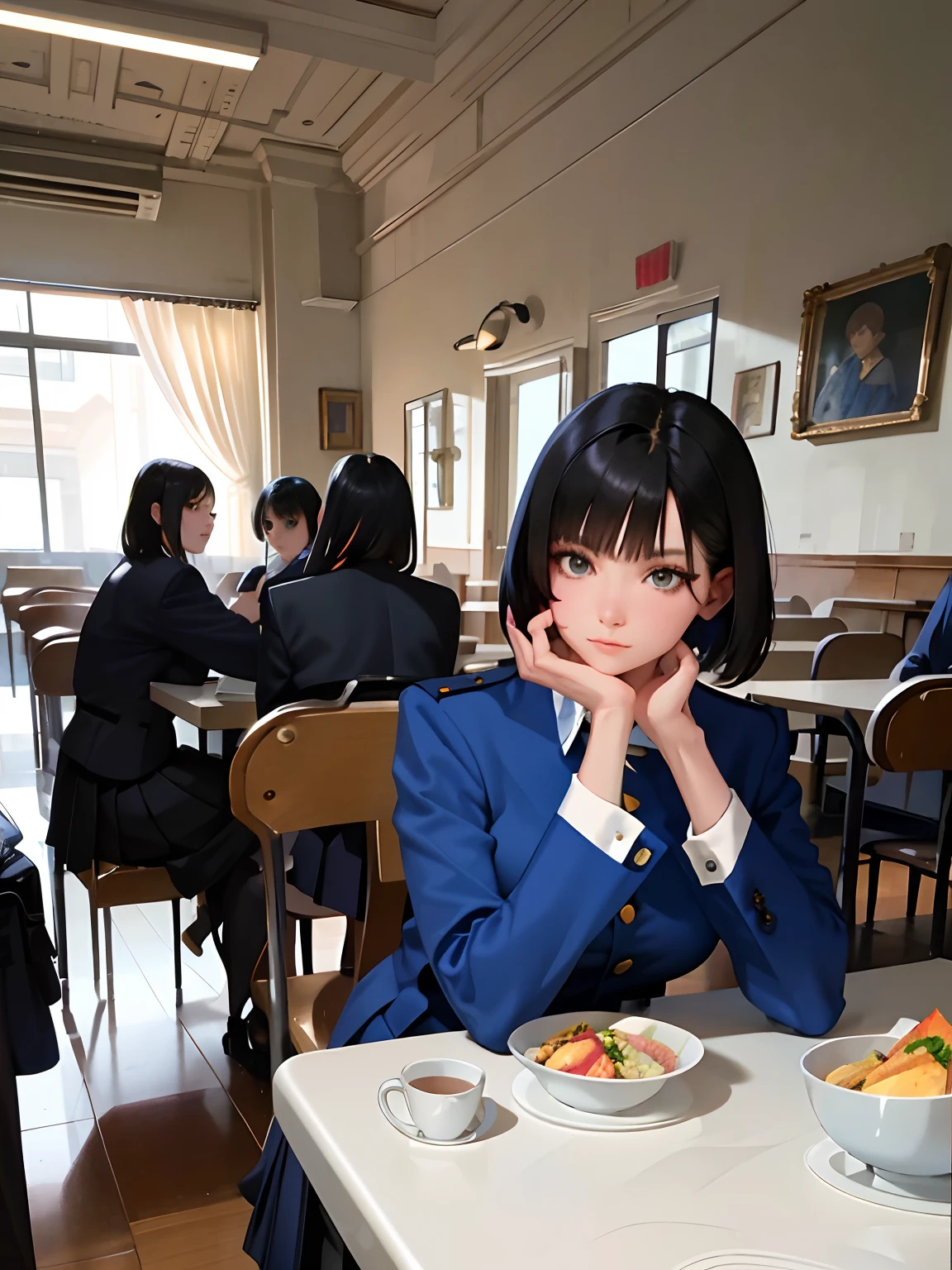 (highest resolution, distinct_image), best quality, masterpiece, highly detailed, semi realistic, a woman with short black hair, mature woman, triple bangs, blue uniform, blue pleated skirt, military uniform, main perspective, military academy, cafeteria, dining, lunch, with classmates, multiple background, crowd background, etc,