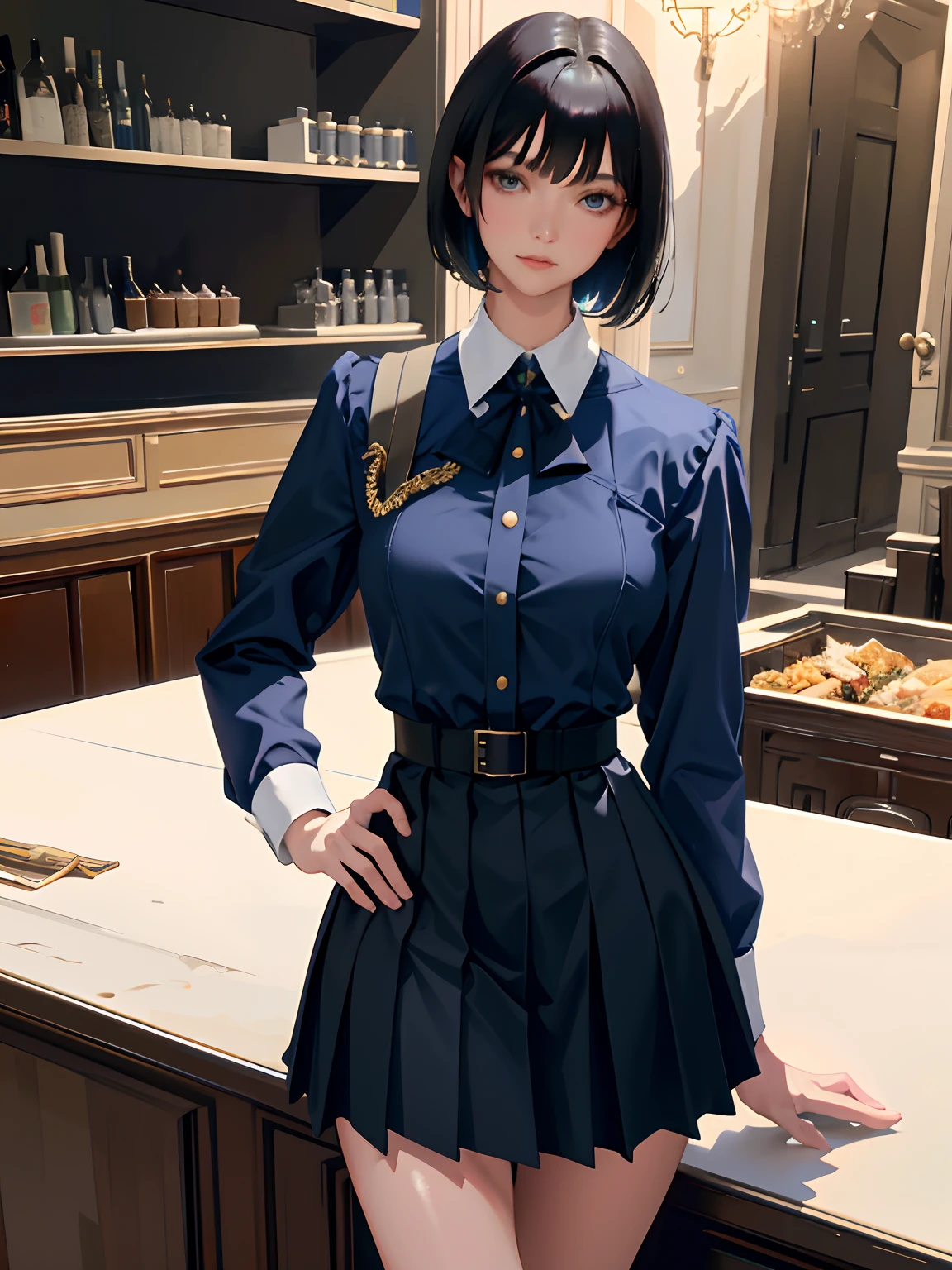 (highest resolution, distinct_image), best quality, masterpiece, highly detailed, semi realistic, a woman with short black hair, mature woman, triple bangs, blue uniform, blue pleated skirt, military uniform, main perspective, military academy, cafeteria, dining, lunch, with classmates, multiple background, crowd background, etc,