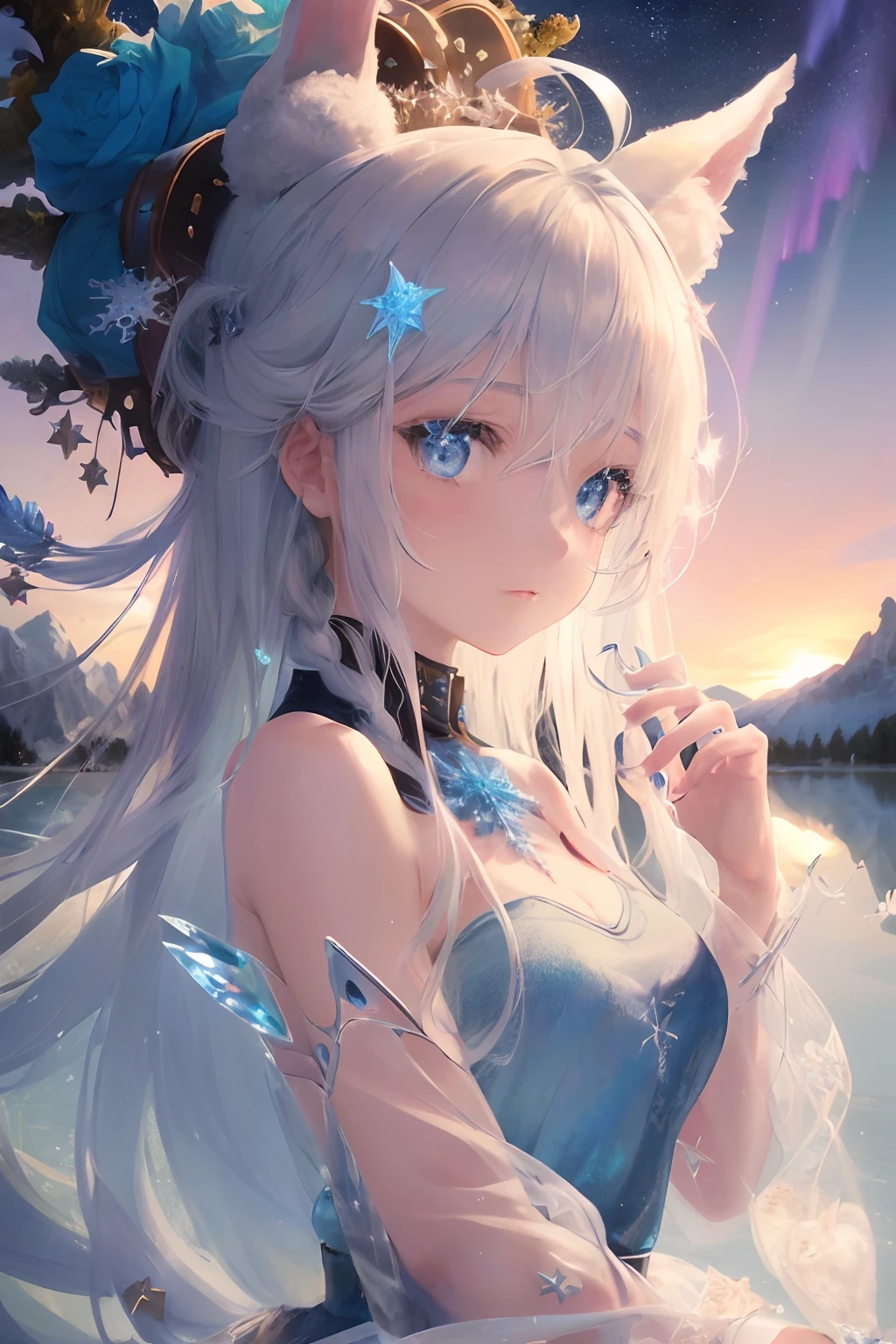 art by Cornflower, dreamy
(original, (masterpiece), (illustration:1.1), (detailed and beautiful), (perfect details), (unity CG 8K wallpaper:1.05), (beautiful and clear background:1.25), (depth of field:0.75), (1 (cute young girl:0.9) with long silver hair, ((snowflake:0.4) head ornament on hair:1.1) and (rabbit ears:1.1) stands aside the (frozen lake with (forest and mountain:1.1):1.35) under the (sunset:1.2) in the (winter:0.65):1.1). (detailed beautiful eyes:1.2), (beautiful face:1.2), (hair blowing with the wind:1.05), (blue eye:1.1), solo, (snow:0.4), aurora, stars.)