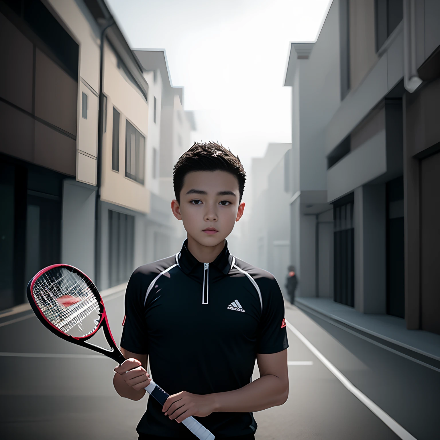 8k resolution, 8k pixels, Masterpiece :1.2, best quality, Master class, exquisite detail, short hair, tennis man costume, tennis racket in hand, focus, lawn, tennis court, 8 years old,boy, playing tennis--v 5