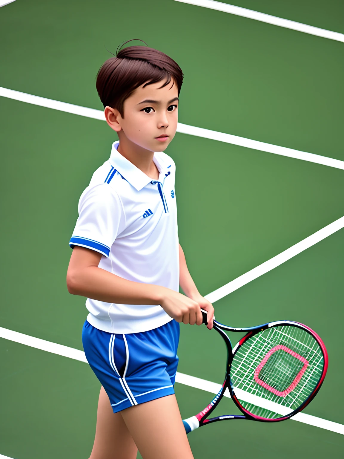8k resolution, 8k pixels, Masterpiece :1.2, best quality, Master class, exquisite detail, short hair, tennis man costume, tennis racket in hand, focus, lawn, tennis court, , playing tennis--v 5
