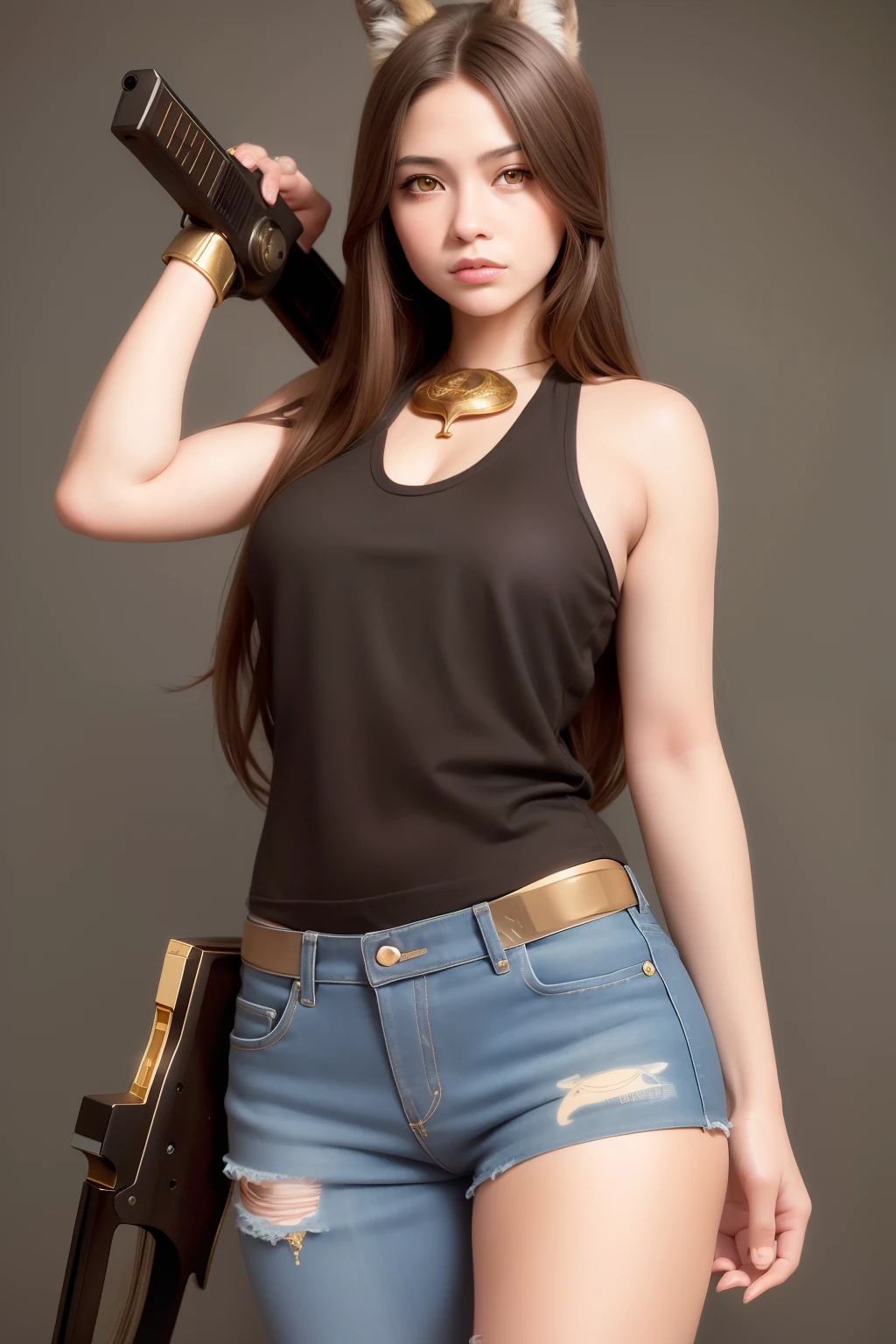 best quality, masterpiece,  (realistic:1.2), 1 girl, brown hair,( gold eye),Front, detailed face, beautiful eyes,wolf eye,(wolf ear),tank top,jeans,with huge wolf,gun,left arm tatto,(glowing gold eye),katana