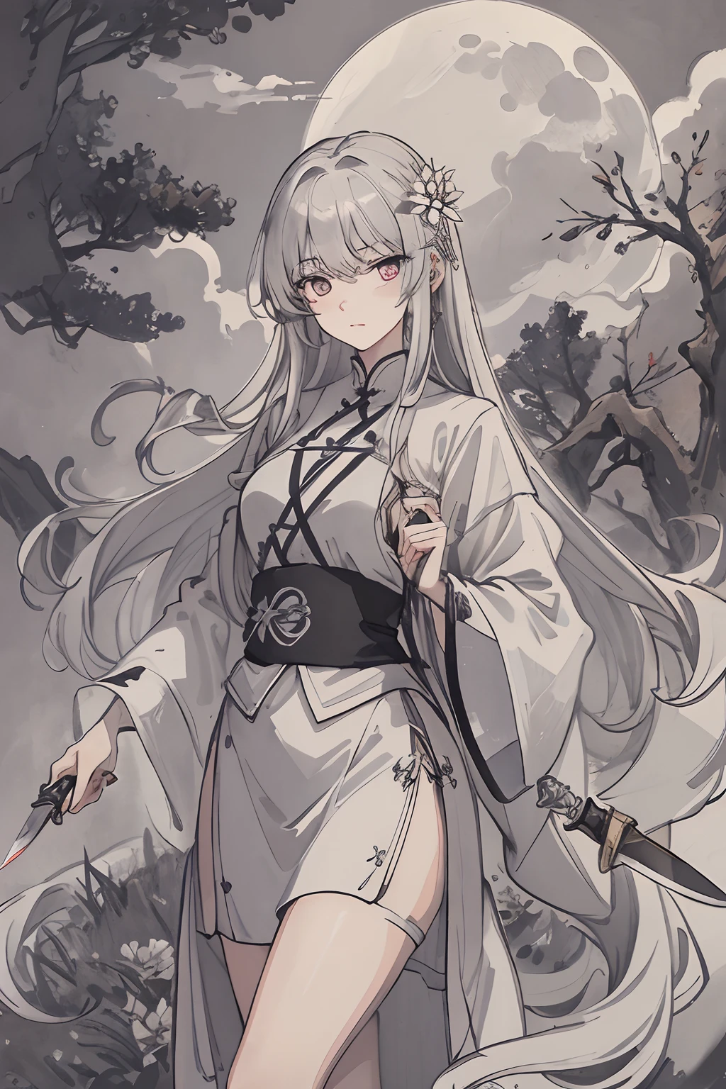 Masterpiece, Best Quality, Night, Hills, Clouds, Full Moon, Long Hair, Women, Silver White Long Hair Women, Mature Women Three Bands, Gray Pupils, Assassin, Short Knife, Flower