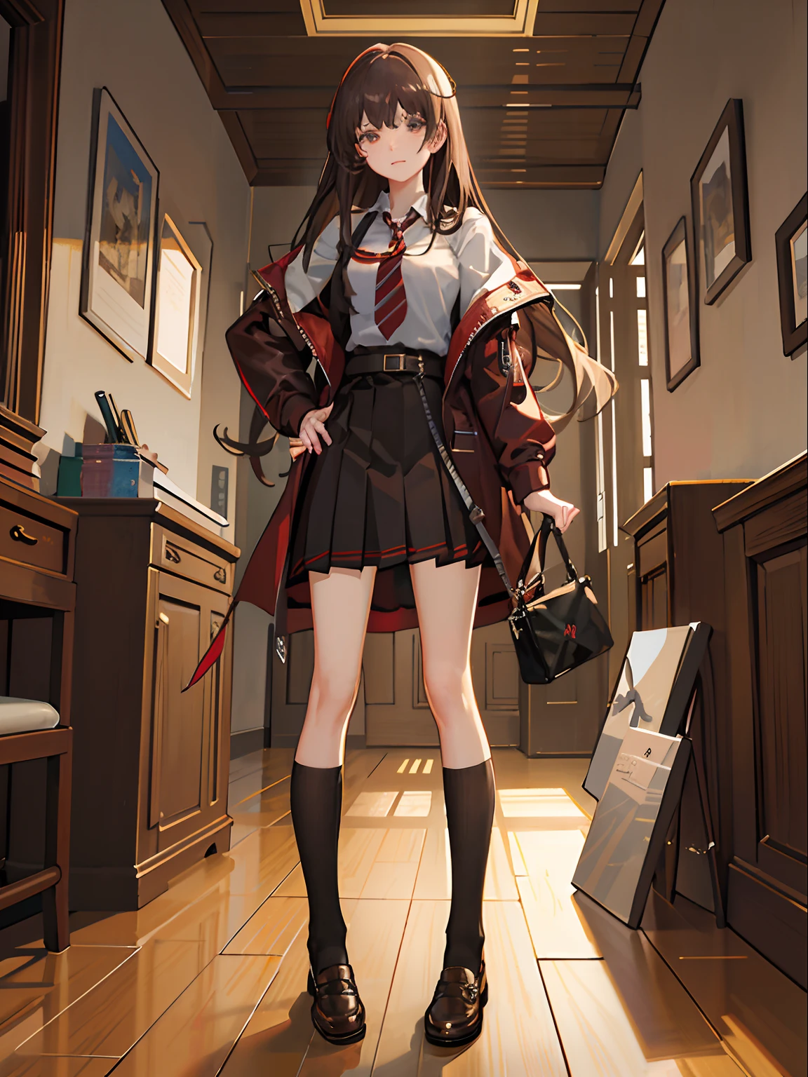 masterpiece, best quality,((masterpiece)),(best quality), (illustration:1.4),((extremely detailed CG unity 4k wallpaper)),(cinematic lighting),1 girl, 18 years old, chestnut hair, waist length hair, 3/4 bangs, red tie, brown coat, liver checkered pleated skirt, girl, campus, black calf socks, leather shoes