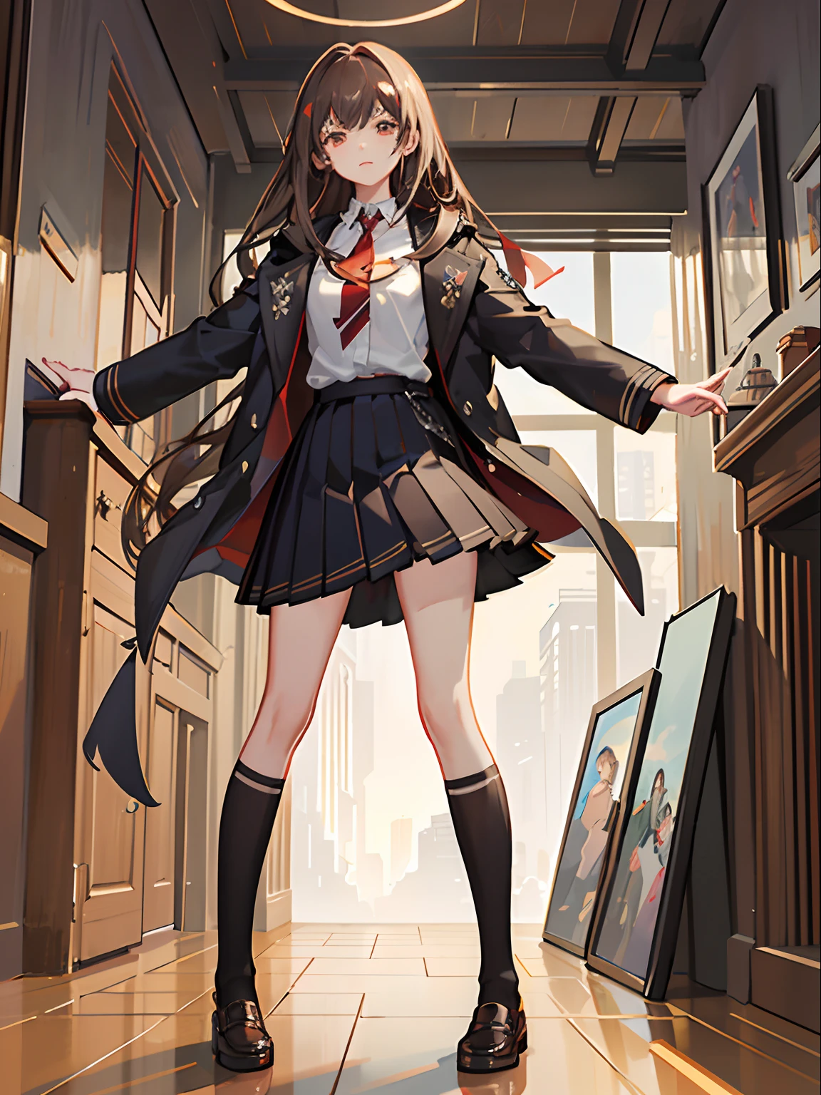masterpiece, best quality,((masterpiece)),(best quality), (illustration:1.4),((extremely detailed CG unity 4k wallpaper)),(cinematic lighting),1 girl, 18 years old, chestnut hair, waist length hair, 3/4 bangs, red tie, brown coat, liver checkered pleated skirt, girl, campus, black calf socks, leather shoes