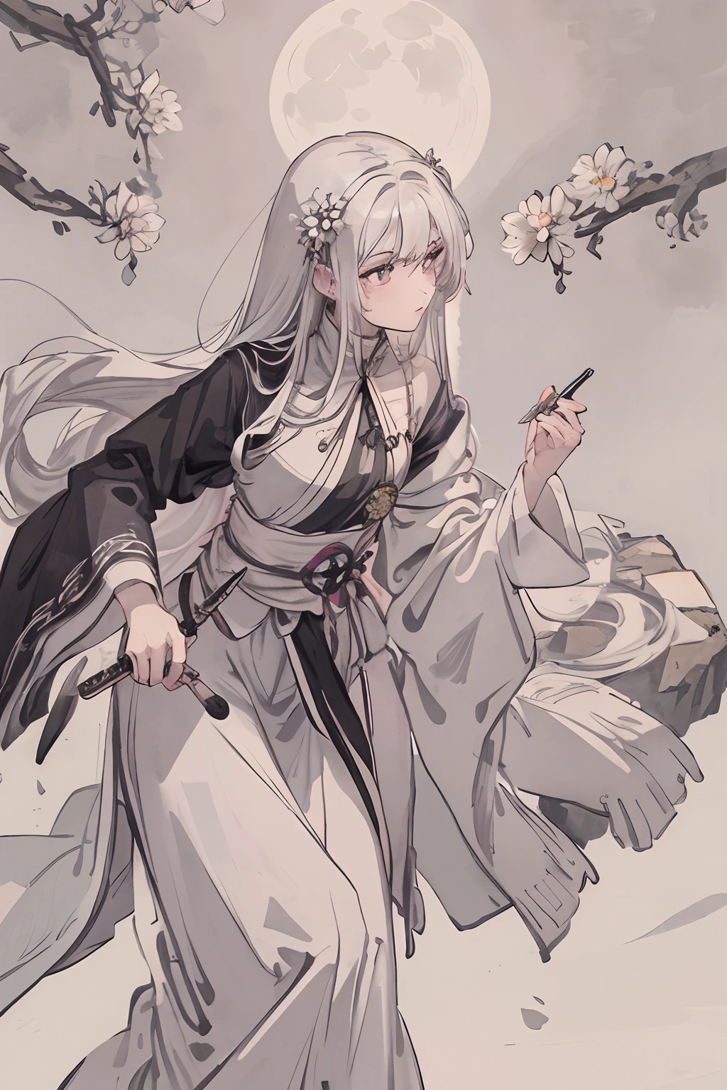 Masterpiece, Best Quality, Night, Full Moon, Long Hair, Mature Women, Silver White Long Hair Women, Light Pink Lips, Calm, Intellectual, Three Bands, Gray Pupils, Assassin, Short Knife, Flower