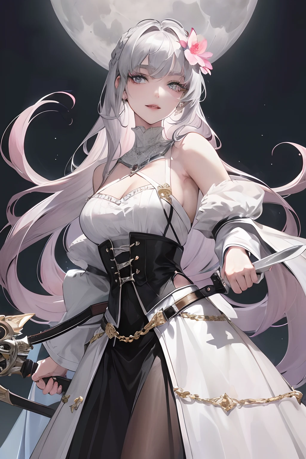 Masterpiece, Best Quality, Night, Full Moon, 1 Girl, Mature Woman, Sister, Royal Sister, Confident Smile, Silver White Long Haired Woman, Light Pink Lips, Calm, Intellectual, Three Belts, Gray Pupils, Assassin, Short Knife, Flower