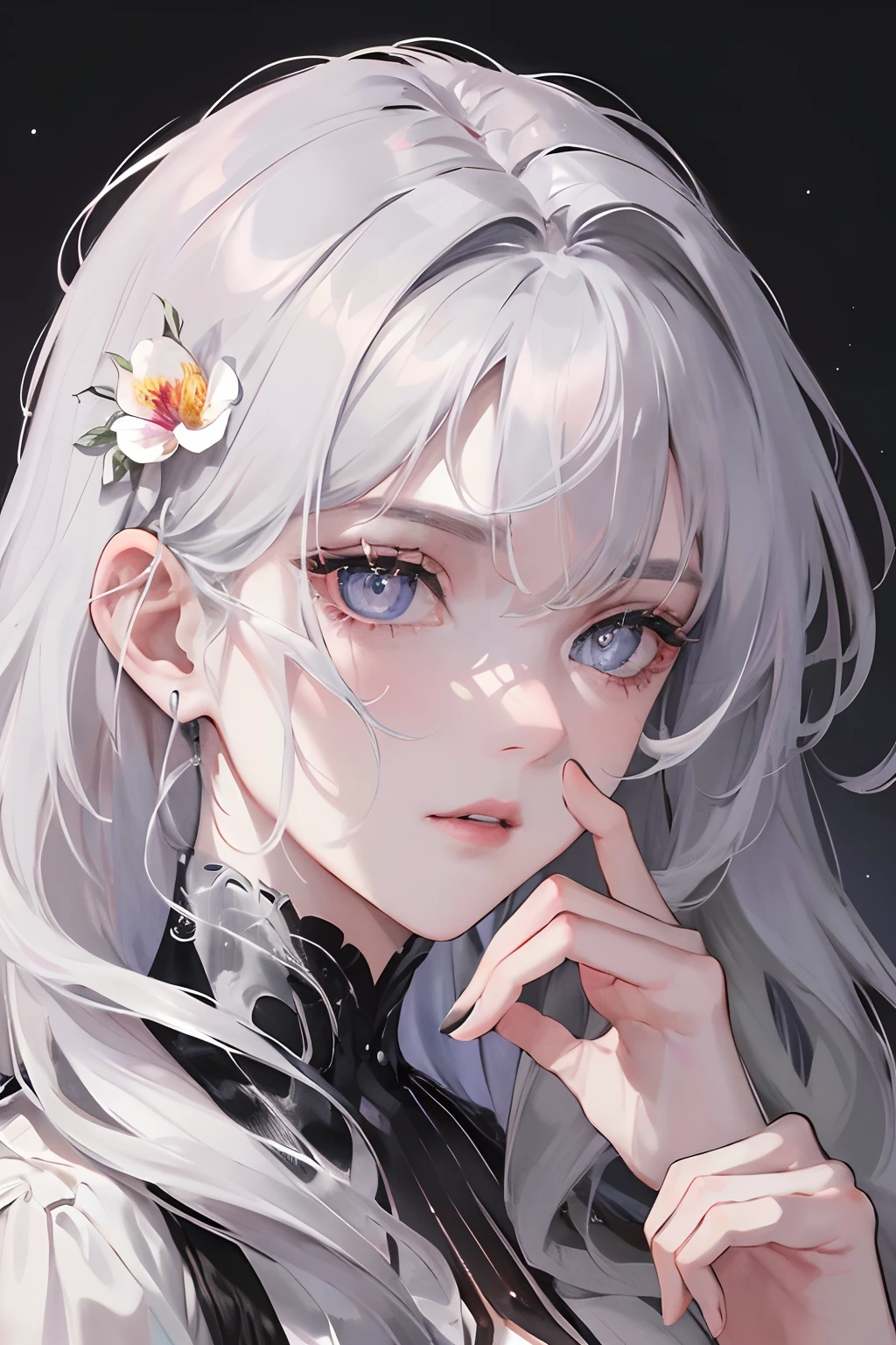 Masterpiece, Best Quality, Night, Full Moon, 1 Girl, Mature Woman, Sister, Royal Sister, Cold Expression, Face expressionless, Silver White Long Haired Woman, Light Pink Lips, Calm, Intellectual, Three Bands, Gray Pupils, Assassin, Short Knife, Flower, Hand Details, Finger Details,
