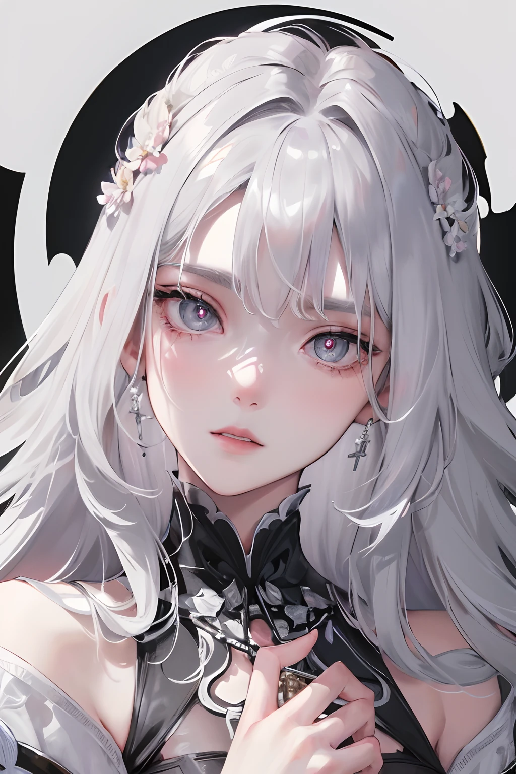 Masterpiece, Best Quality, Night, Full Moon, 1 Girl, Mature Female, Sister, Royal Sister, Cold Expression, Face expressionless, Silver White Long Haired Female, Light Pink Lips, Calm, Intellectual, Three Bands, Gray Pupils, Assassin, Short Knife, Flower Ball Background, Hand Details, Finger Details, Facial Details, Eye Details,