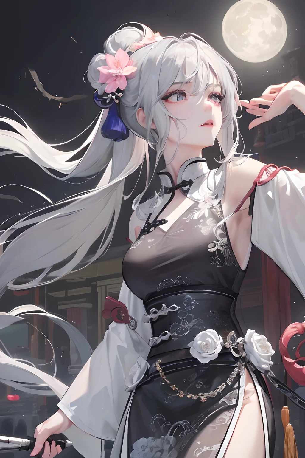 Masterpiece, Best Quality, Night, Full Moon, 1 Girl, Mature Woman, Chinese Style, Ancient China, Sister, Royal Sister, Cold expression, expressionless face, Silver white long haired woman, Light pink lips, Calm, Intellectual, Three belts, Gray pupils, Assassin, Short knife, Flower ball background, Strolling in the street scenery