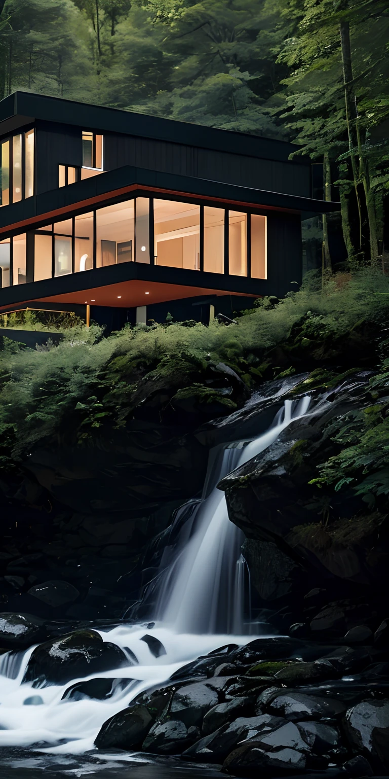a beautiful modern and very contemporary house made of dark wood, in the middle of a swedish green forest, with a waterfall and a river close by. Photographic style. High details. very realistic. 8k, full details. --ar 16:9 --uplight --s 750 --v 5