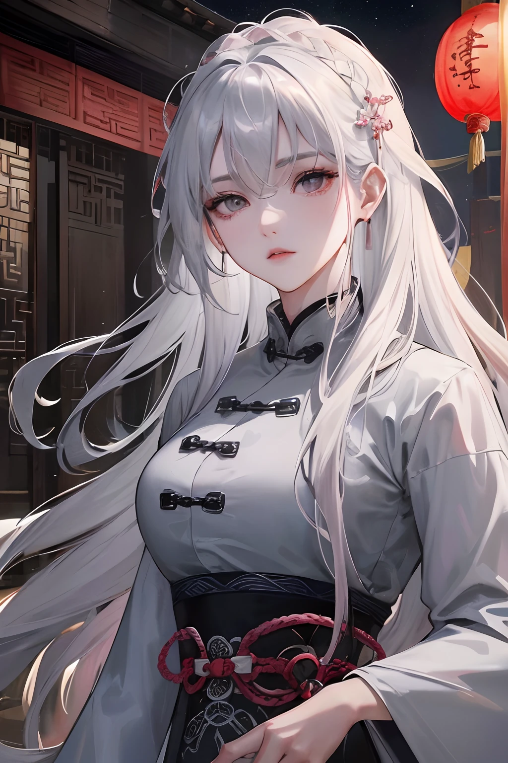 Masterpiece, Best Quality, Night, Full Moon, 1 Girl, Mature Woman, Chinese Style, Ancient China, Sister, Royal Sister, Cold Expression, Face expressionless, Silver White Long Haired Woman, Light Pink Lips, Calm, Intellectual, Three Belts, Gray Eyes, Assassin, Short Knife, Strolling in Street Scenery, Facial Details