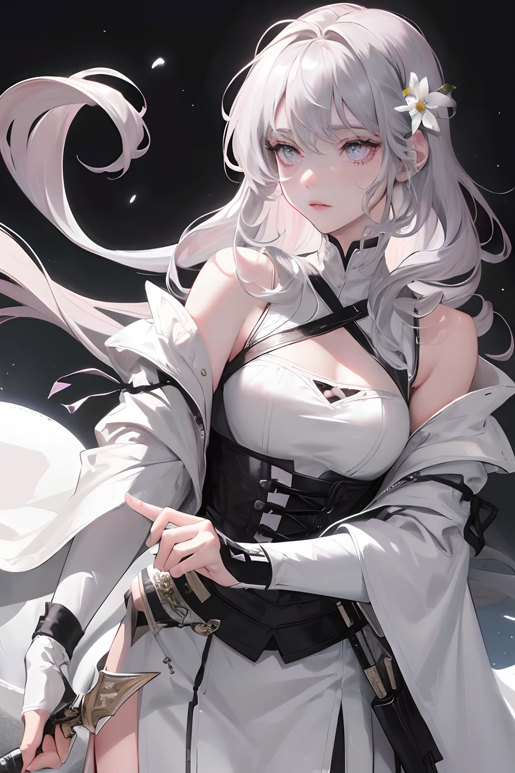 Masterpiece, Best Quality, Night, Full Moon, 1 Girl, Mature Female, Sister, Silver White Long haired Female, Light Pink Lips, Calm, Intellectual, Three Bands, Gray Pupils, Assassin, Short Knife, Flower