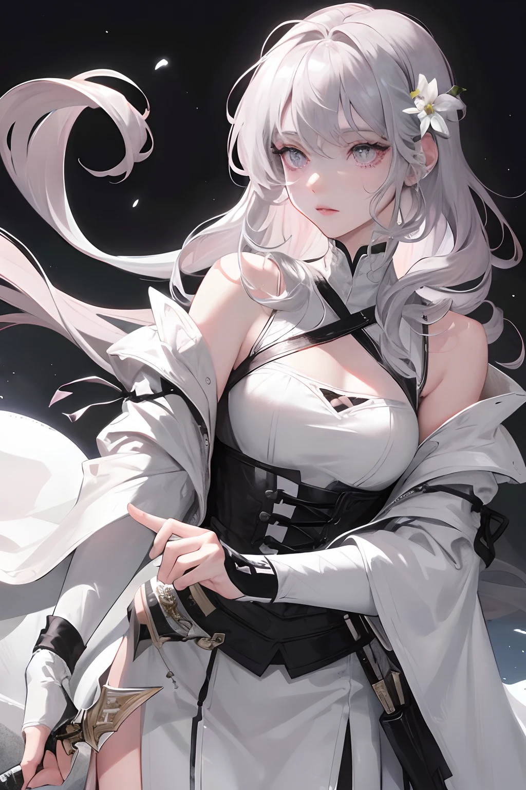 Masterpiece, Best Quality, Night, Full Moon, 1 Girl, Mature Female, Sister, Silver White Long haired Female, Light Pink Lips, Calm, Intellectual, Three Bands, Gray Pupils, Assassin, Short Knife, Flower