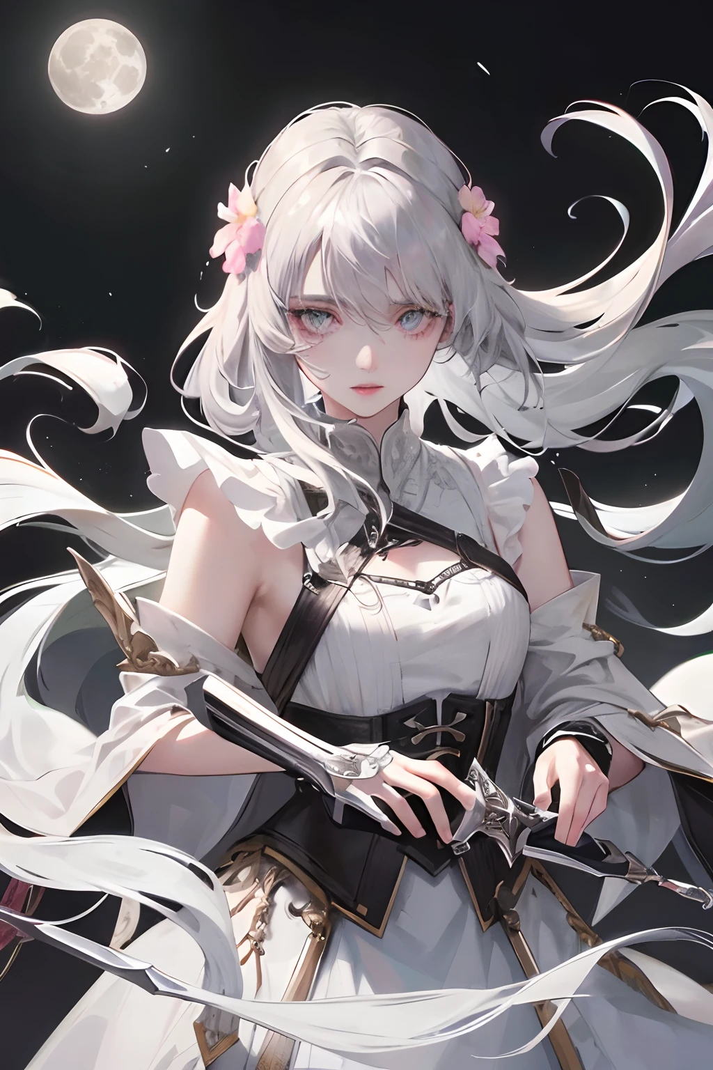 Masterpiece, Best Quality, Night, Full Moon, 1 Girl, Mature Female, Sister, Silver White Long haired Female, Light Pink Lips, Calm, Intellectual, Three Bands, Gray Pupils, Assassin, Short Knife, Flower