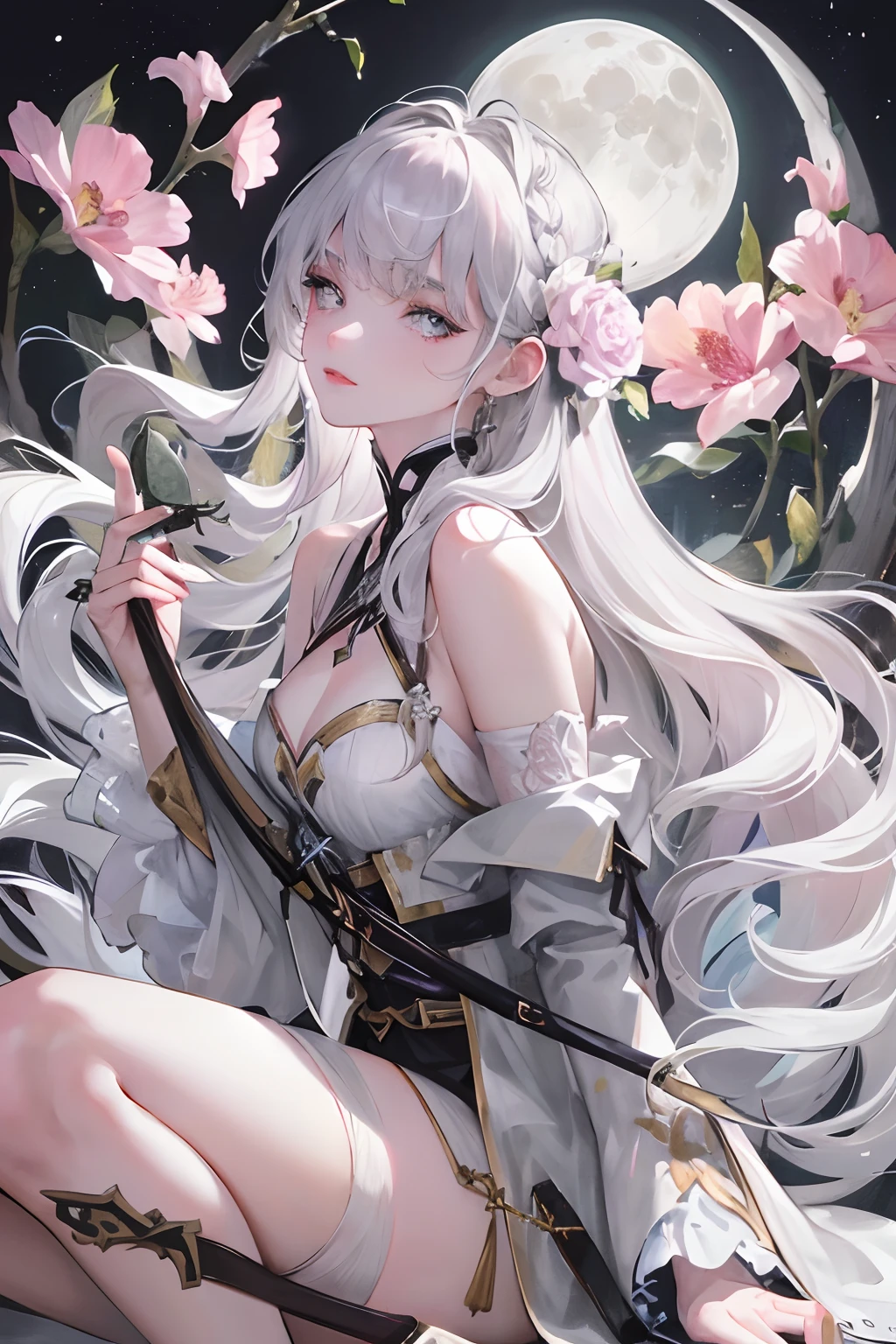 Masterpiece, Best Quality, Night, Full Moon, 1 Girl, Mature Female, Sister, Silver White Long haired Female, Light Pink Lips, Calm, Intellectual, Three Bands, Gray Pupils, Assassin, Short Knife, Flower