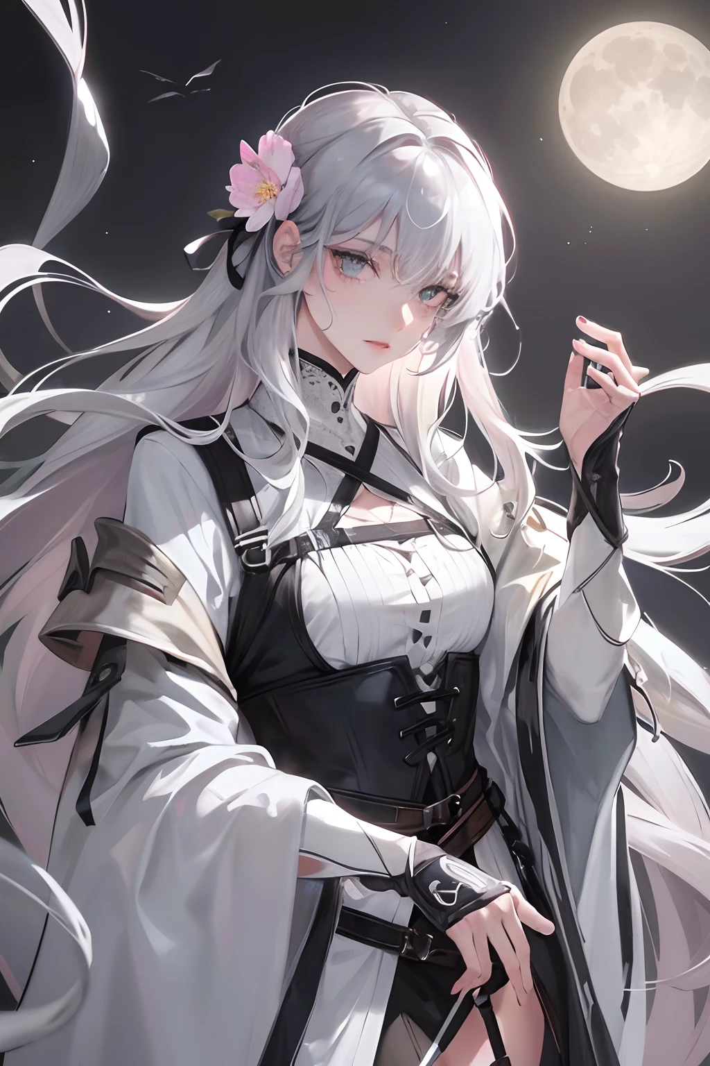 Masterpiece, Best Quality, Night, Full Moon, 1 Girl, Mature Female, Sister, Silver White Long haired Female, Light Pink Lips, Calm, Intellectual, Three Bands, Gray Pupils, Assassin, Short Knife, Flower