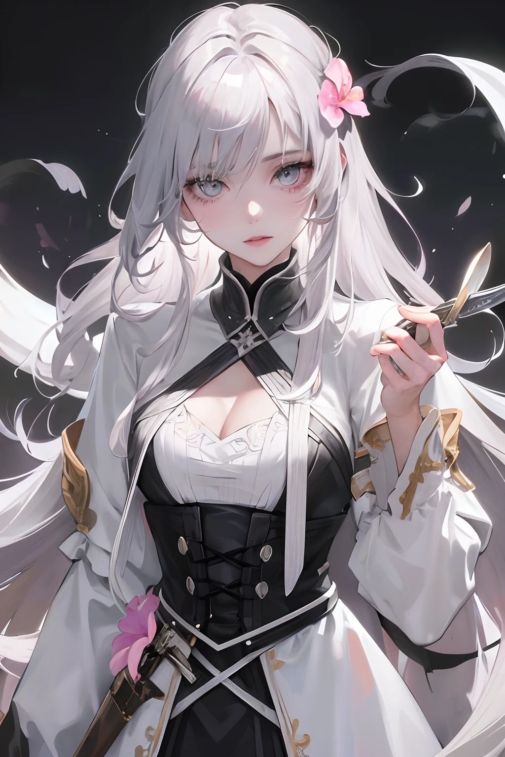 Masterpiece, Best Quality, Night, Full Moon, 1 Girl, Mature Female, Sister, Silver White Long haired Female, Light Pink Lips, Calm, Intellectual, Three Bands, Gray Pupils, Assassin, Short Knife, Flower