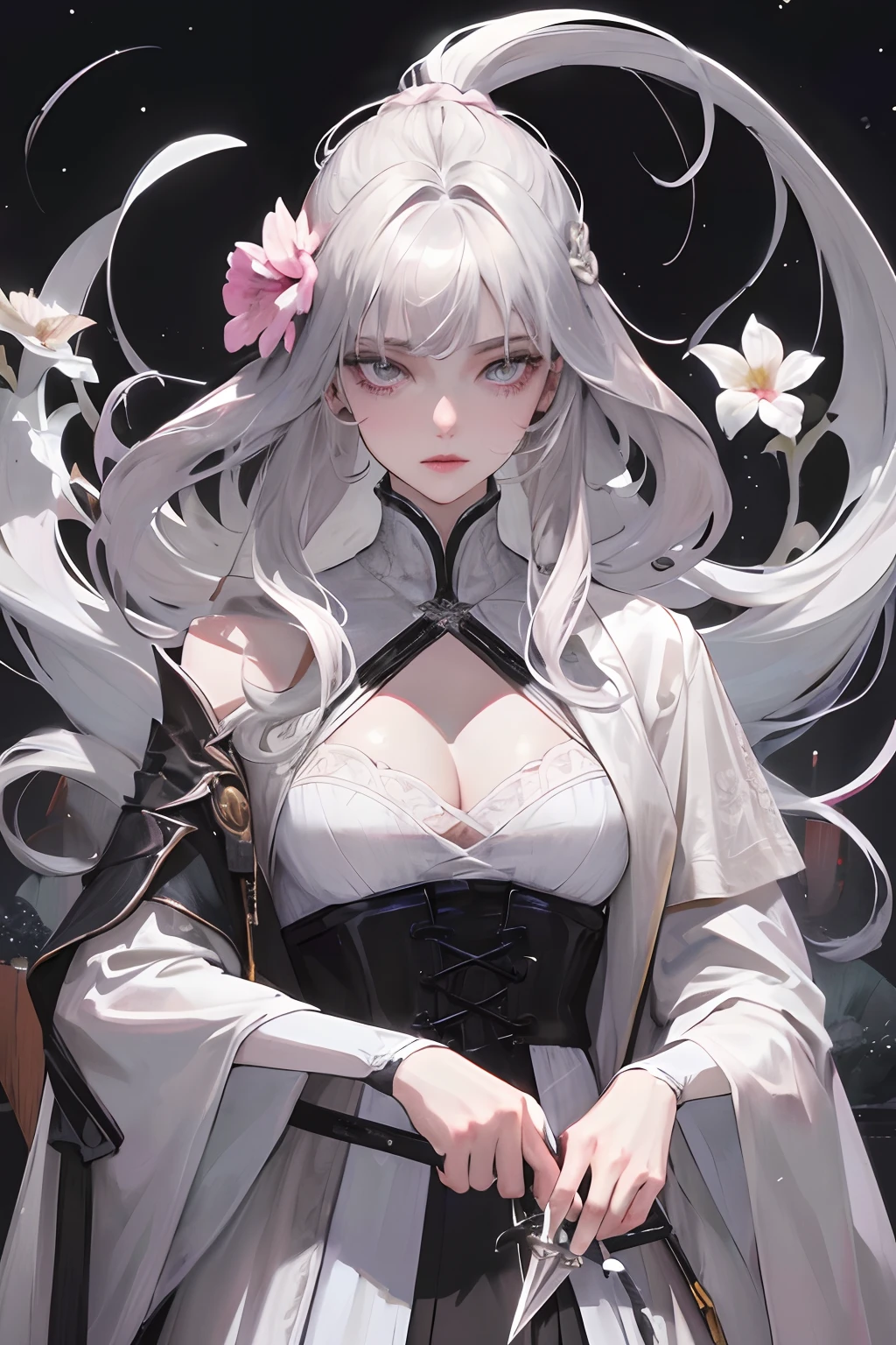 Masterpiece, Best Quality, Night, Full Moon, 1 Girl, Mature Female, Sister, Silver White Long haired Female, Light Pink Lips, Calm, Intellectual, Three Bands, Gray Pupils, Assassin, Short Knife, Flower