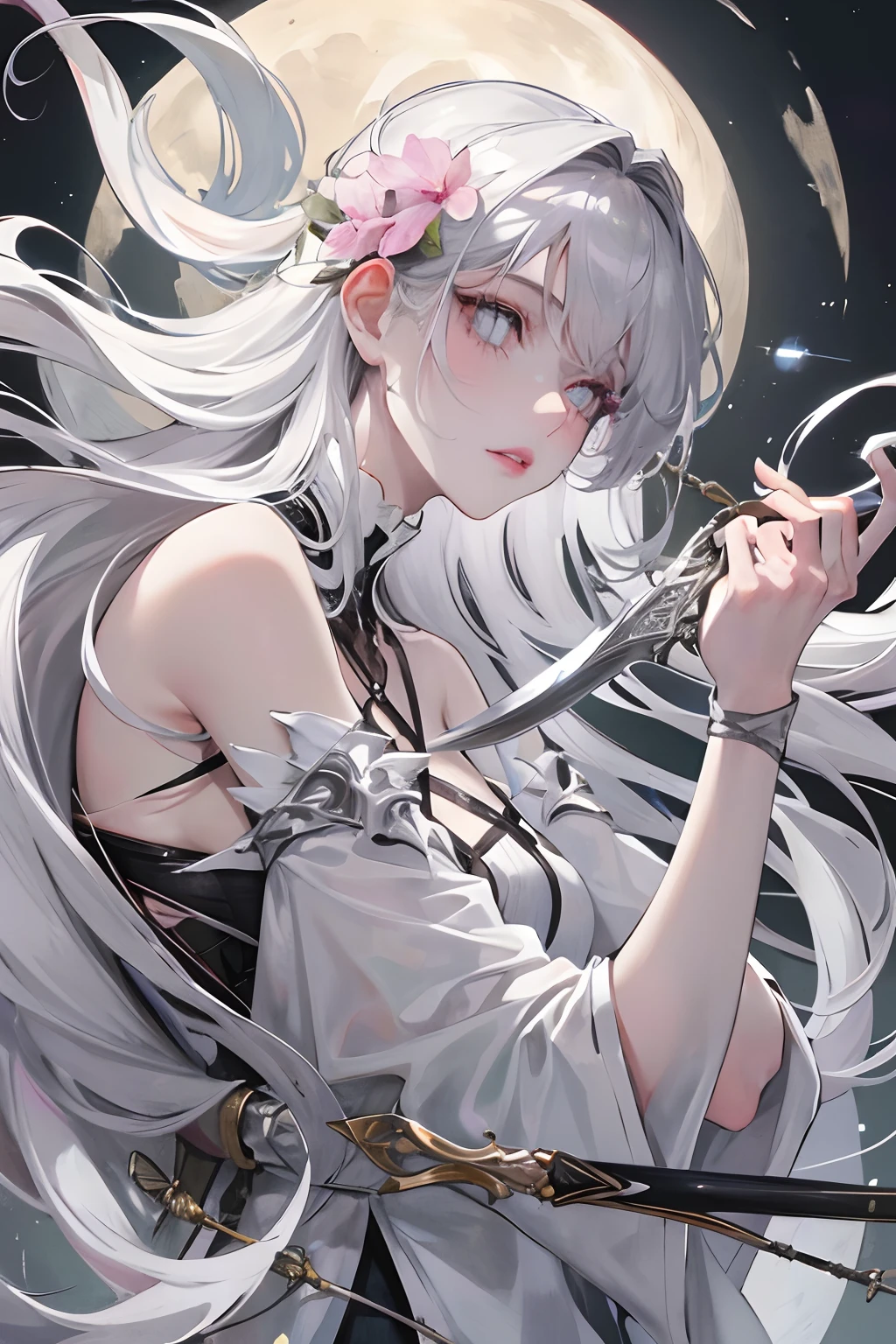 Masterpiece, Best Quality, Night, Full Moon, 1 Girl, Mature Female, Sister, Silver White Long haired Female, Light Pink Lips, Calm, Intellectual, Three Bands, Gray Pupils, Assassin, Short Knife, Flower