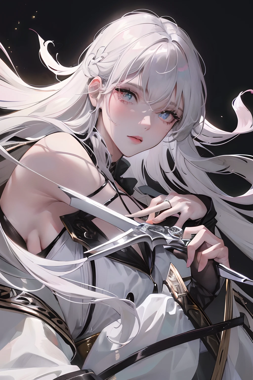 Masterpiece, Best Quality, Night, Full Moon, 1 Girl, Mature Female, Sister, Silver White Long haired Female, Light Pink Lips, Calm, Intellectual, Three Bands, Gray Pupils, Assassin, Short Knife, 