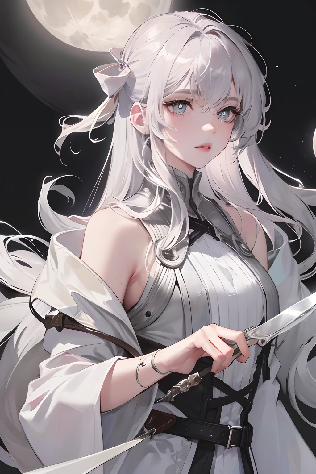 Masterpiece, Best Quality, Night, Full Moon, 1 Girl, Mature Female, Sister, Silver White Long haired Female, Light Pink Lips, Calm, Intellectual, Three Bands, Gray Pupils, Assassin, Short Knife,