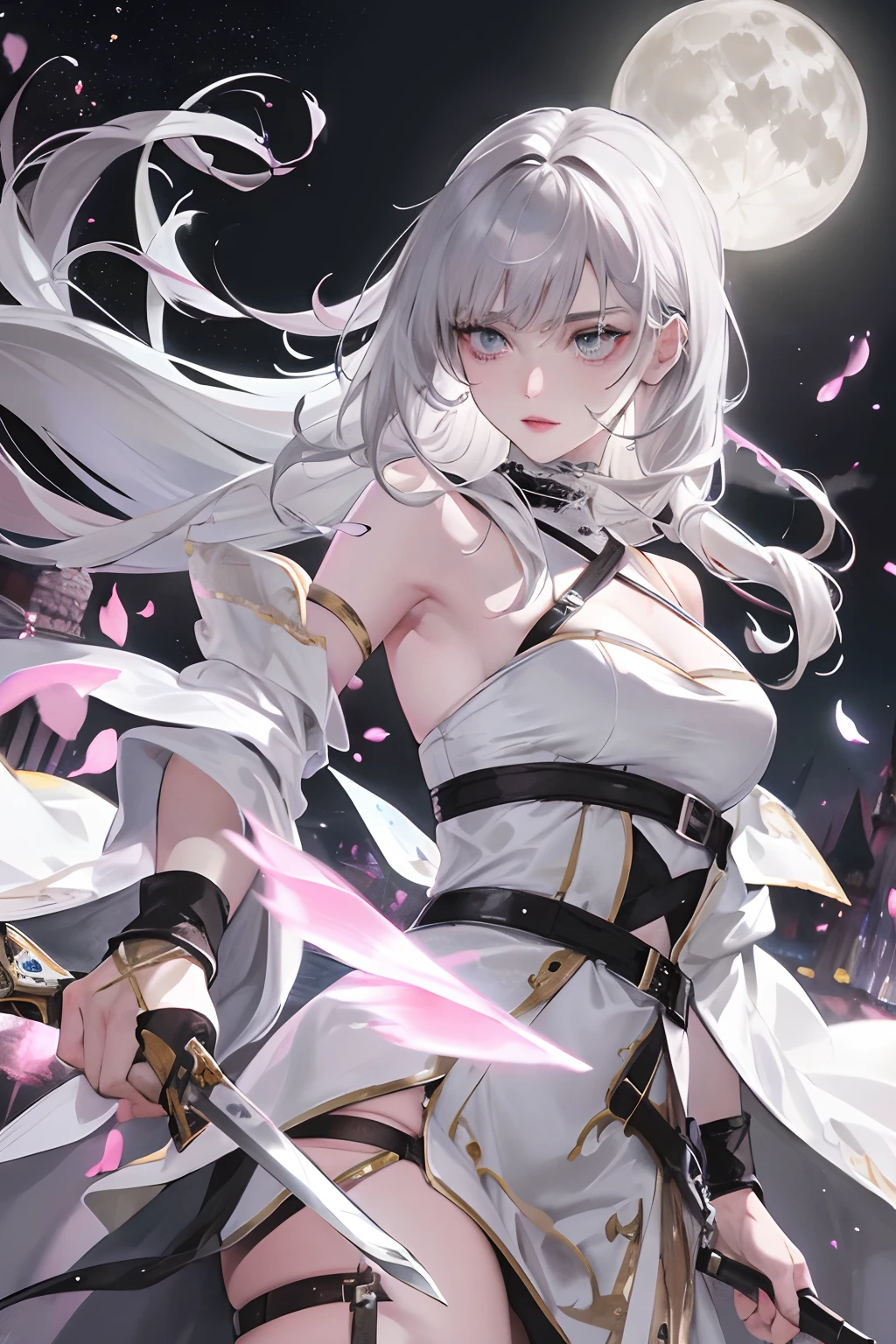 8K, masterpiece, best quality, night, full moon, 1 girl, mature female, sister, silver white long haired female, light pink lips, calm, rational, three straps, gray pupils, assassin, fan, knife fan, petal dancing