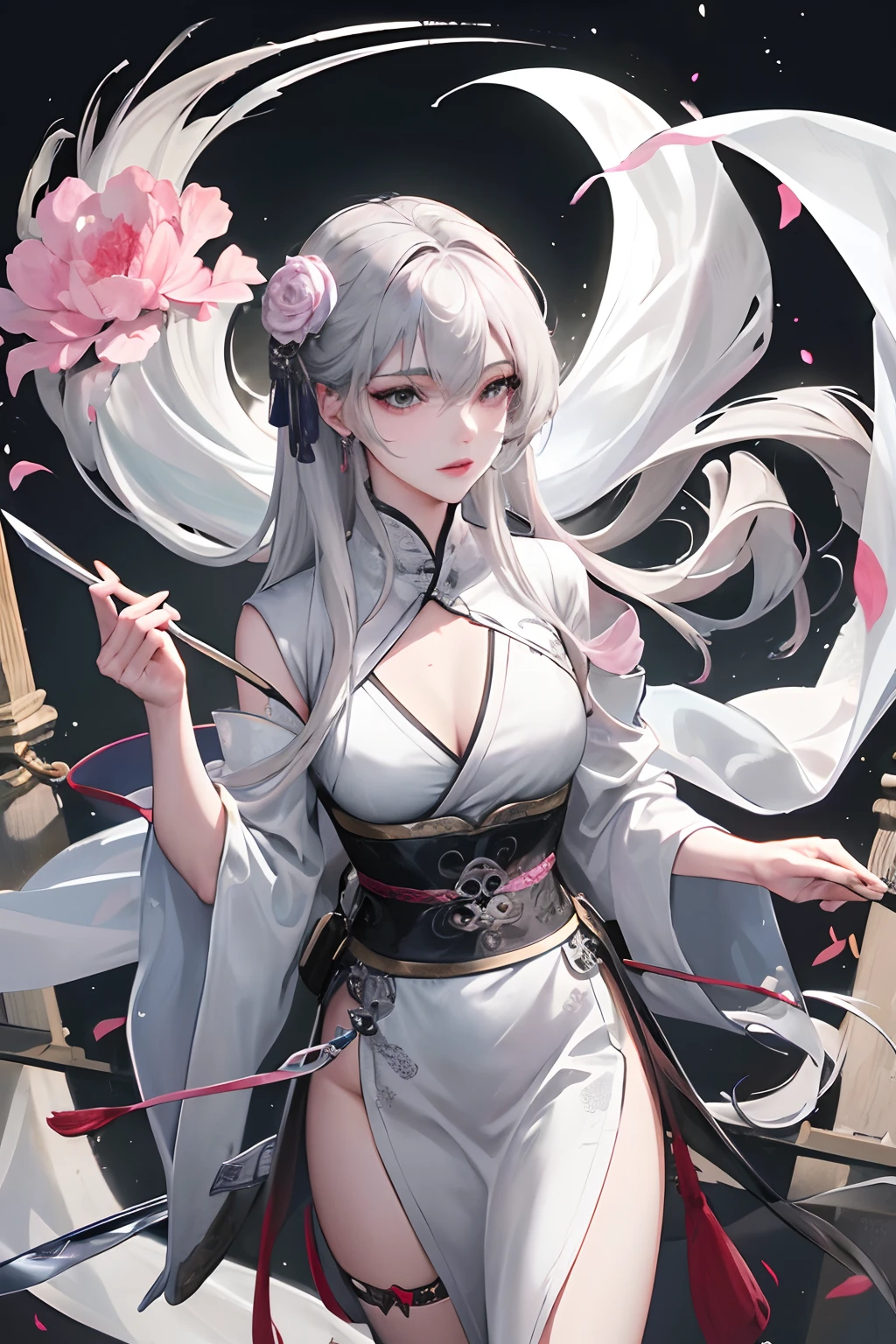 8K, masterpiece, best quality, night, full moon, 1 girl, Chinese style, Chinese architecture, mature woman, sister, silver white long haired woman, shawl, light pink lips, calm, rational, three straps, gray pupils, assassin, fan, knife fan, petal dancing