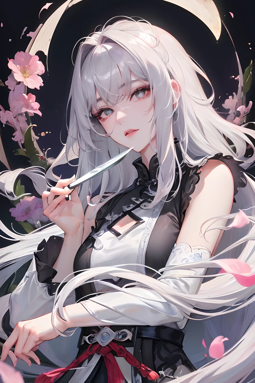 8K, masterpiece, best quality, night, full moon, 1 girl, Chinese style, Chinese architecture, mature woman, sister, silver white long haired woman, long hair, light pink lips, calm, rational, bangs, gray pupils, assassin, fan, knife fan, petal dancing, delicate face,