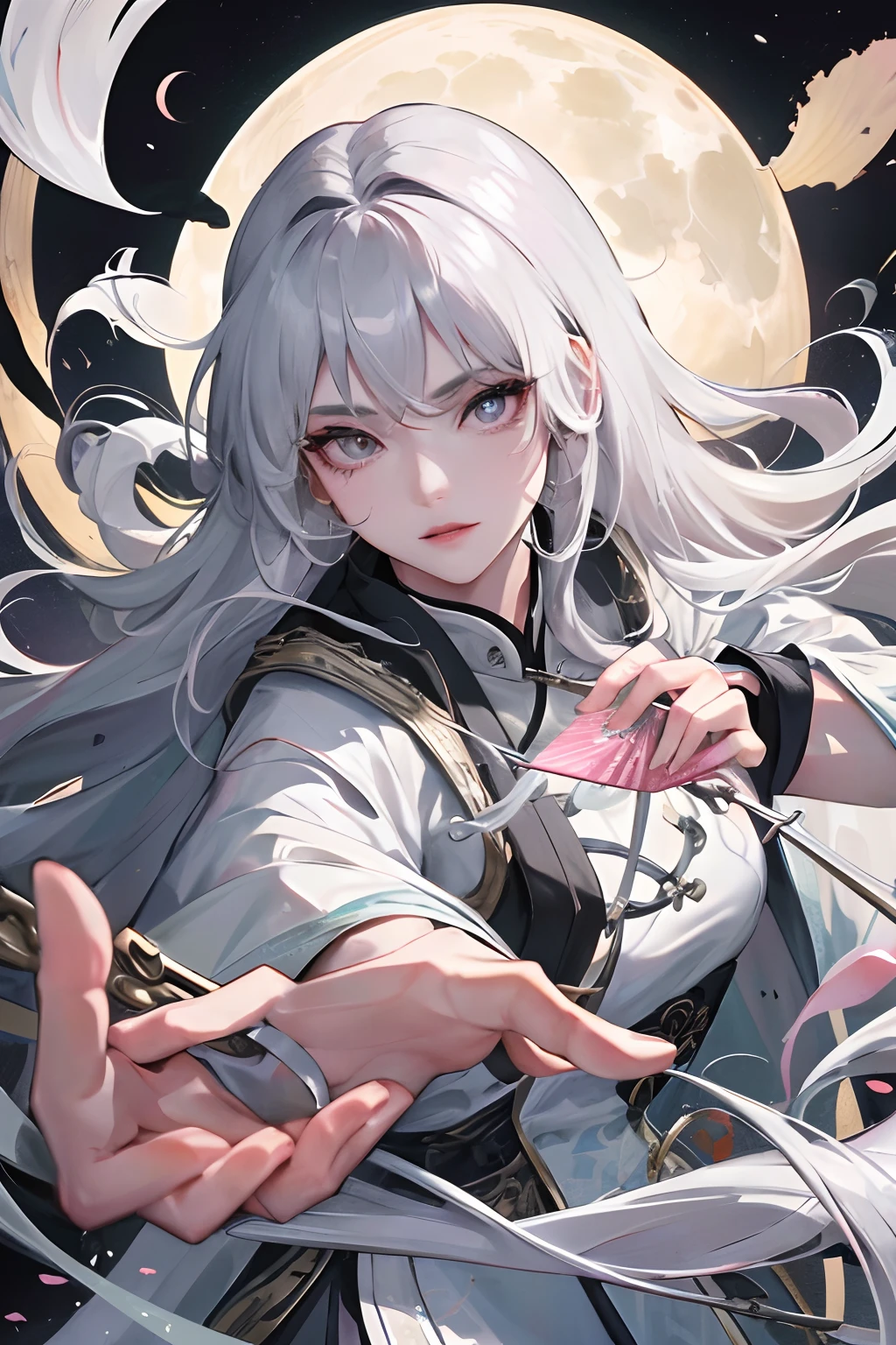 8K, masterpiece, best quality, night, full moon, 1 girl, Chinese style, Chinese architecture, mature woman, sister, silver white long haired woman, long hair, light pink lips, calm, rational, bangs, gray pupils, assassin, fan, knife fan, petal dancing, delicate face,