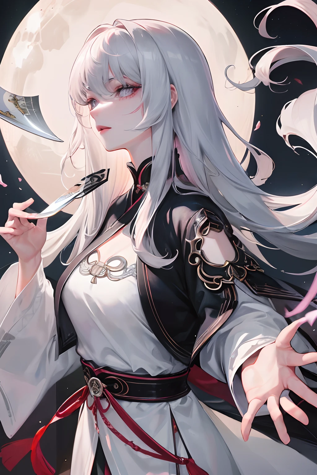 8K, masterpiece, best quality, night, full moon, 1 girl, Chinese style, Chinese architecture, mature woman, sister, silver white long haired woman, long hair, light pink lips, calm, rational, bangs, gray pupils, assassin, fan, knife fan, petal dancing, delicate face,