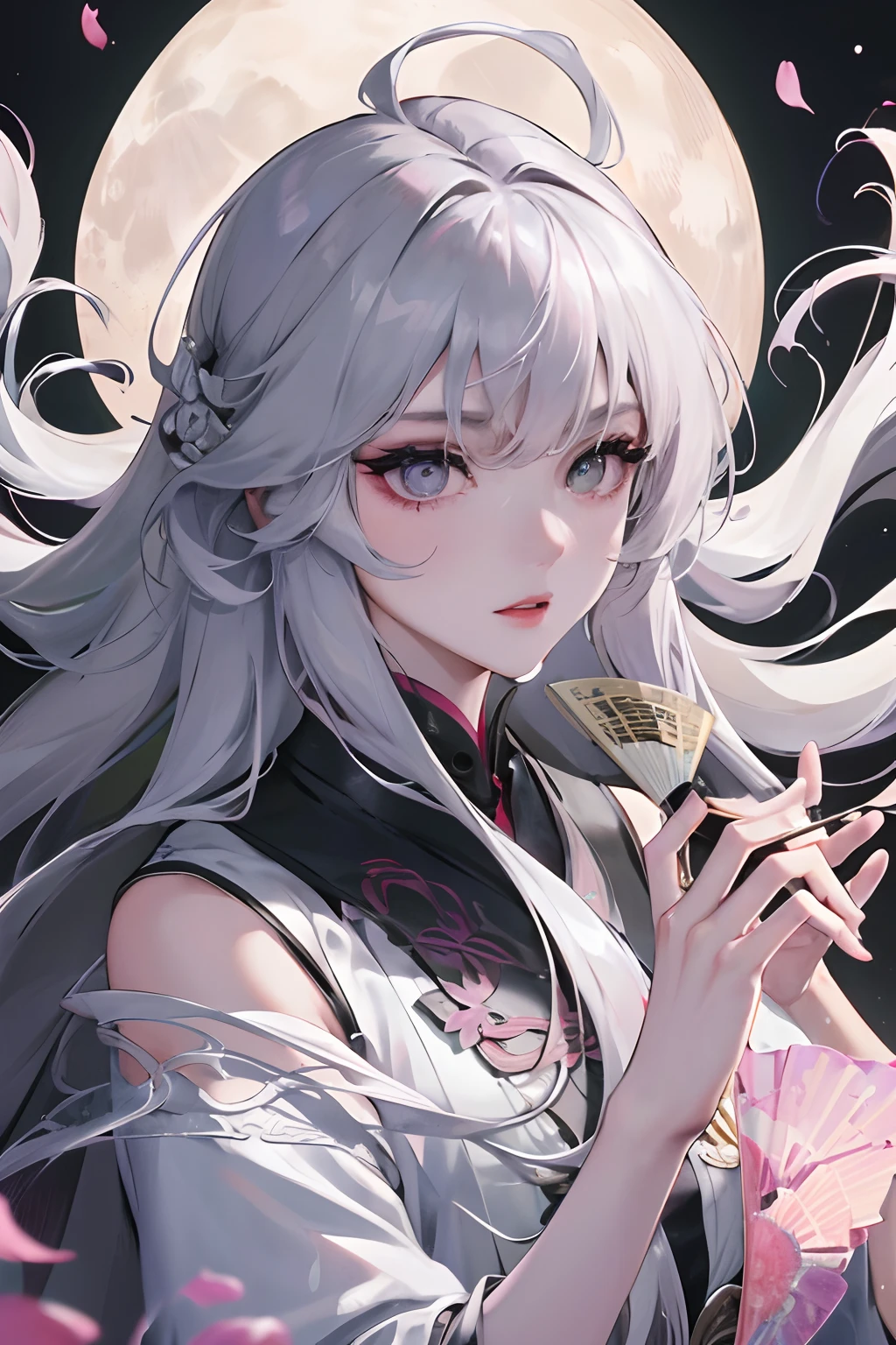 8K, masterpiece, best quality, night, full moon, 1 girl, Chinese style, Chinese architecture, mature woman, sister, silver white long haired woman, long hair, light pink lips, calm, rational, bangs, gray pupils, assassin, fan, knife fan, petal dancing, delicate face,