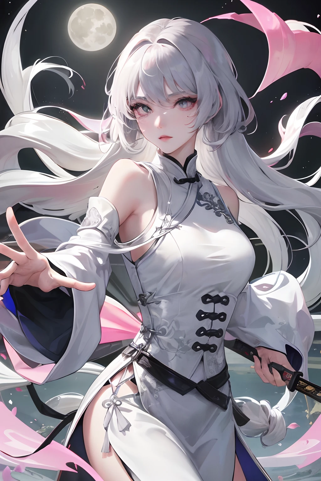8K, masterpiece, best quality, night, full moon, 1 girl, Chinese style, Chinese architecture, mature woman, sister, silver white long haired woman, long hair, light pink lips, calm, rational, bangs, gray pupils, assassin, fan, knife fan, petal dancing, delicate face,