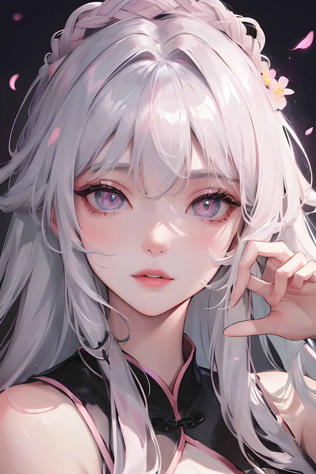8K, masterpiece, best quality, night, full moon, 1 girl, Chinese style, Chinese architecture, mature woman, sister, silver white long haired woman, long hair, light pink lips, calm, rational, bangs, gray pupils, wearing a pink flower on the head, flower background, petal dancing, delicate face, delicate hands, close up