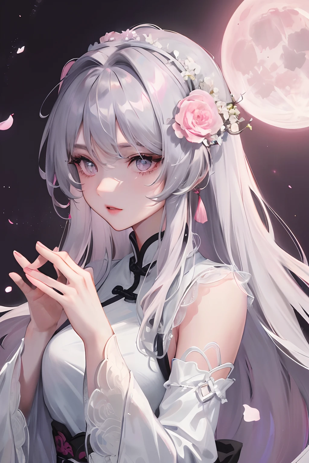 8K, masterpiece, best quality, night, full moon, 1 girl, Chinese style, Chinese architecture, mature woman, sister, silver white long haired woman, long hair, light pink lips, calm, rational, bangs, gray pupils, wearing a pink flower on the head, flower background, petal dancing, delicate face, delicate hands, close up