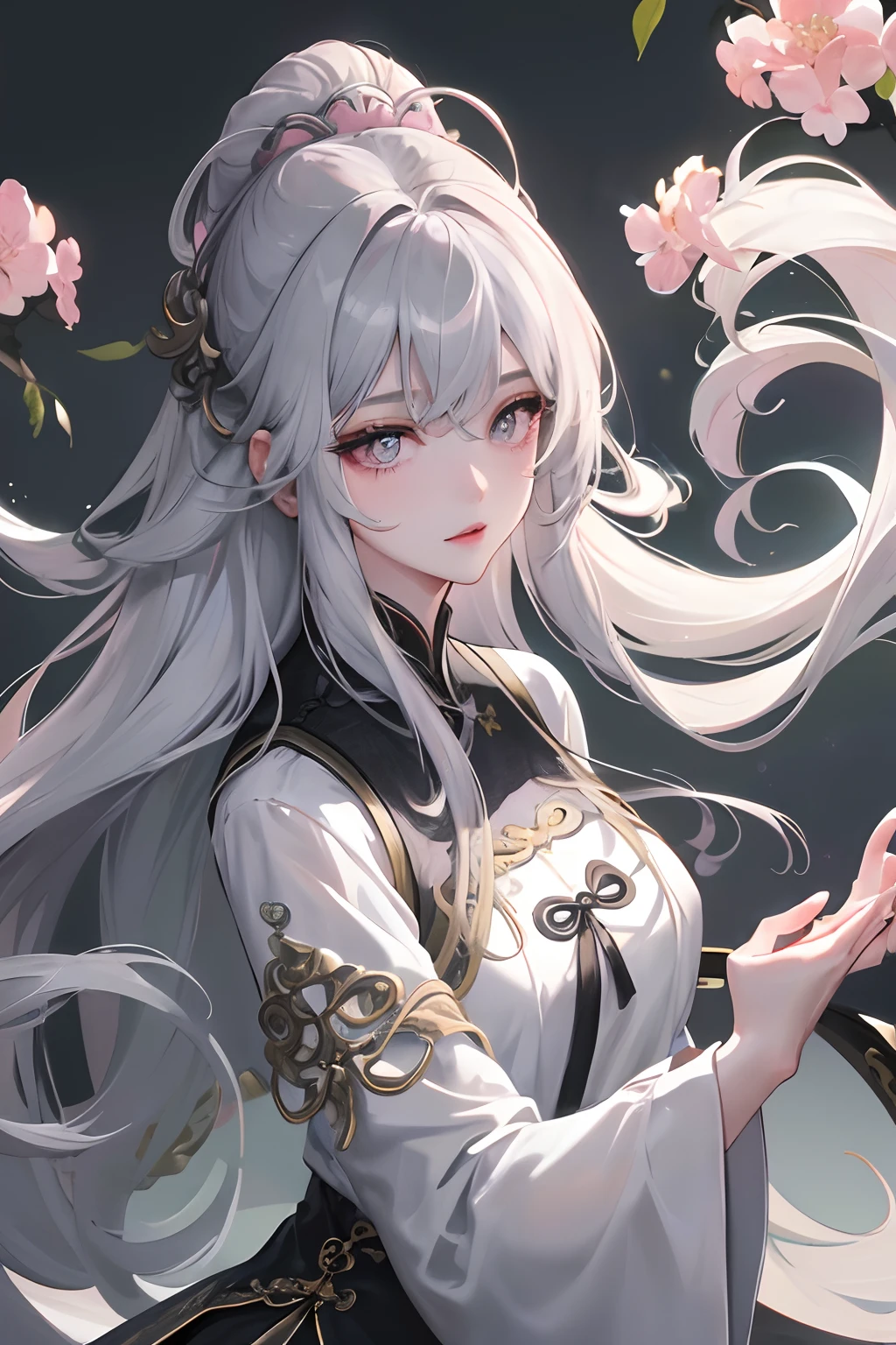 8K, masterpiece, best quality, night, full moon, 1 girl, Chinese style, Chinese architecture, mature woman, sister, silver white long haired woman, two ball heads, long hair, hairpins, light pink lips, calm, rational, bangs, gray pupils, black clothes,