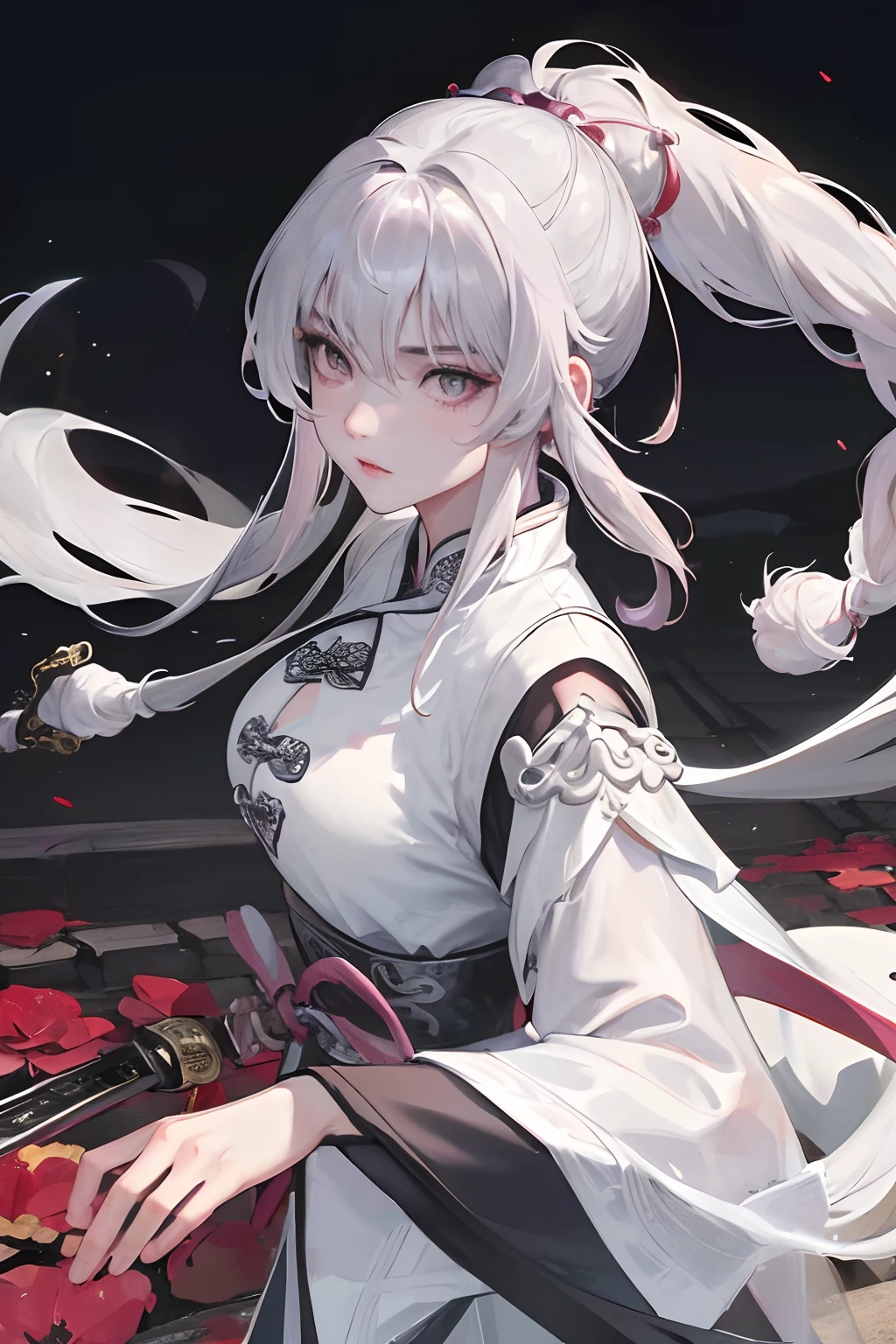 Masterpiece, Best Quality, Night, Full Moon, 1 Girl, Mature Woman, Chinese Style, Ancient China, Sister, Royal Sister, Cold expression, Face expressionless, Silver white long haired woman, Light pink lips, Calm, Intellectual, Triple bangs, Gray pupils, Assassin, Long sword, Swordsman, Fighting, Walking in the street scenery, Facial details,