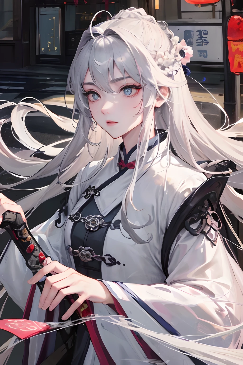 Masterpiece, Best Quality, Night, Full Moon, 1 Girl, Mature Woman, Chinese Style, Ancient China, Sister, Royal Sister, Cold expression, Face expressionless, Silver white long haired woman, Light pink lips, Calm, Intellectual, Triple bangs, Gray pupils, Assassin, Long sword, Swordsman, Fighting, Walking in the street scenery, Facial details,