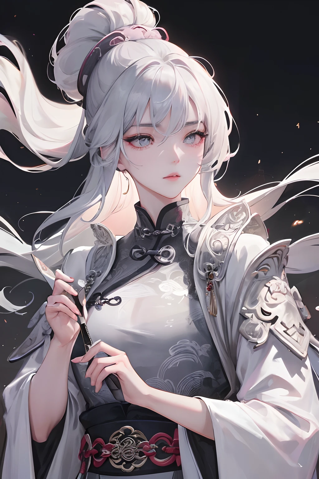 Masterpiece, Best Quality, Night, Full Moon, 1 Girl, Mature Woman, Chinese Style, Ancient China, Sister, Royal Sister, Cold expression, expressionless face, Silver white long haired woman, Light pink lips, Calm, Intellectual, Three belts, Gray pupils, Assassin, Short knife, Flower ball background, Strolling in the street scenery