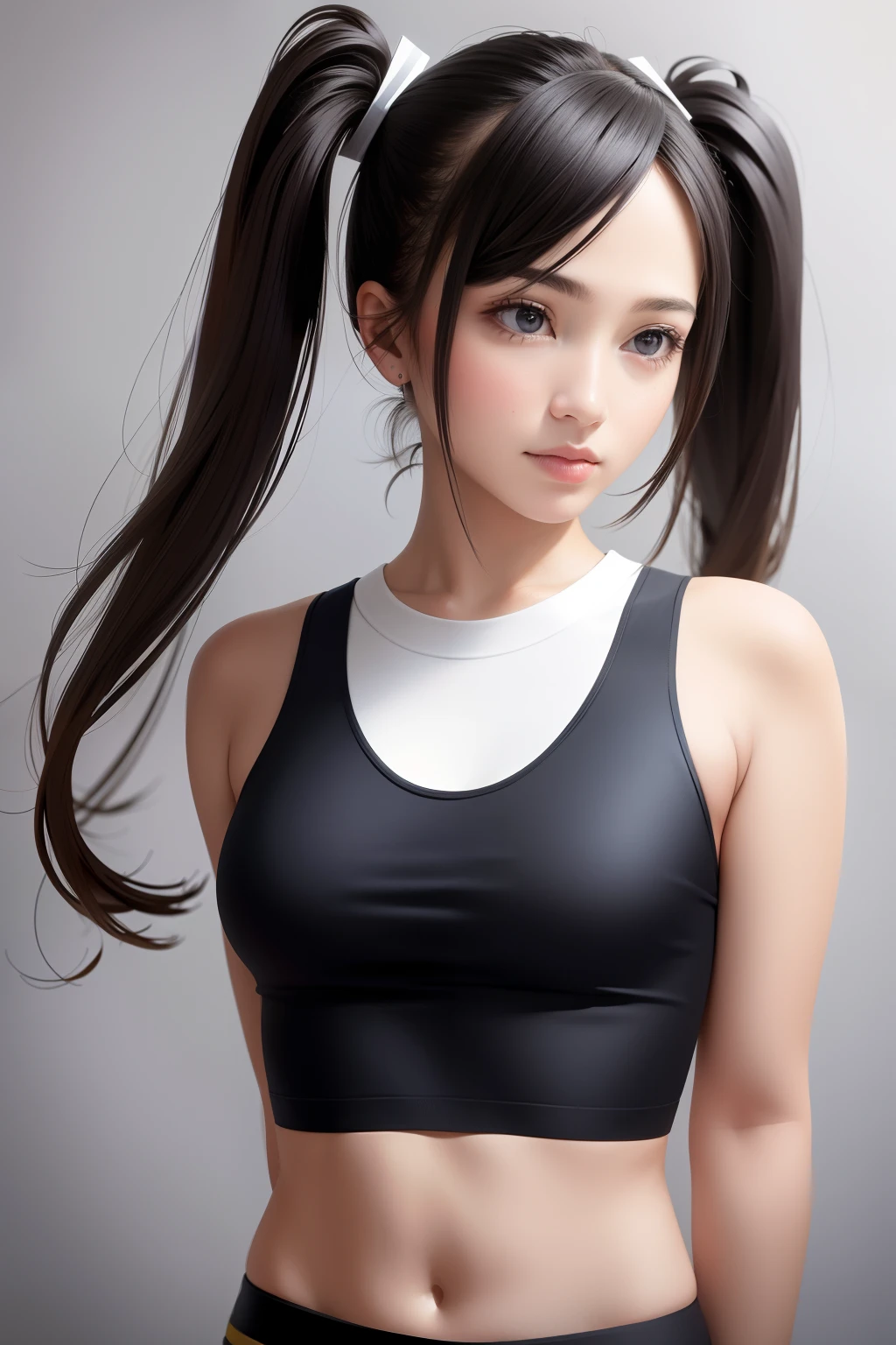 (best quality, masterpiece:1.1), (realistic:1.4), 1girl, upper body, tight crop top,twin tails, studio