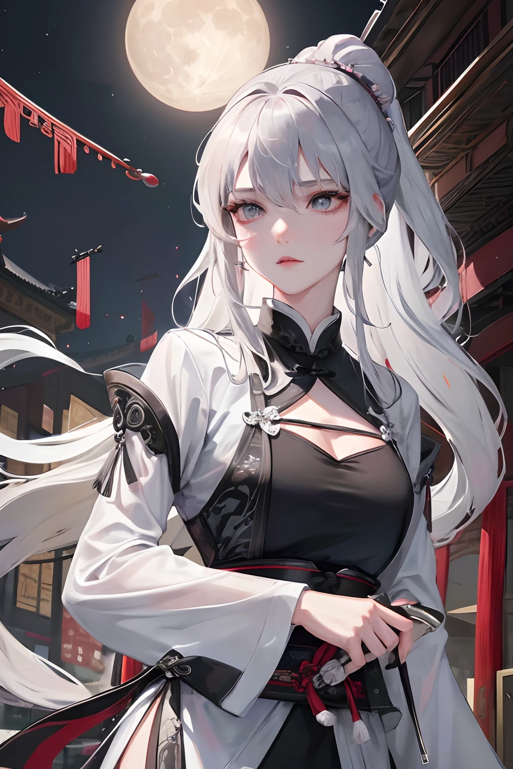 Masterpiece, Best Quality, Night, Full Moon, 1 Girl, Mature Woman, Chinese Style, Ancient China, Sister, Royal Sister, Cold expression, expressionless face, Silver white long haired woman, Light pink lips, Calm, Intellectual, Three belts, Gray pupils, Assassin, Short knife, Flower ball background, Strolling in the street scenery