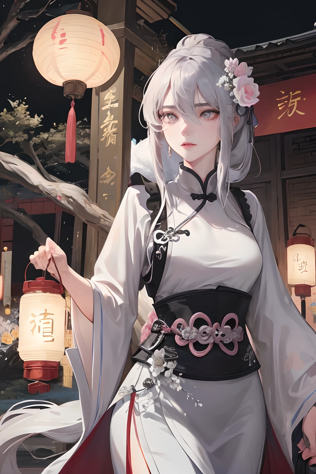 Masterpiece, Best Quality, Night, Full Moon, 1 Girl, Mature Woman, Chinese Style, Ancient China, Sisters, Royal Sisters, Cold Expressions, Faceless, Silver White Long haired Woman, Light Pink Lips, Calm, Intellectual, Three Belts, Gray Pupils, Assassin, Flower Lantern, Carrying Lanterns, Flower Ball Background, Strolling on the Street Landscape