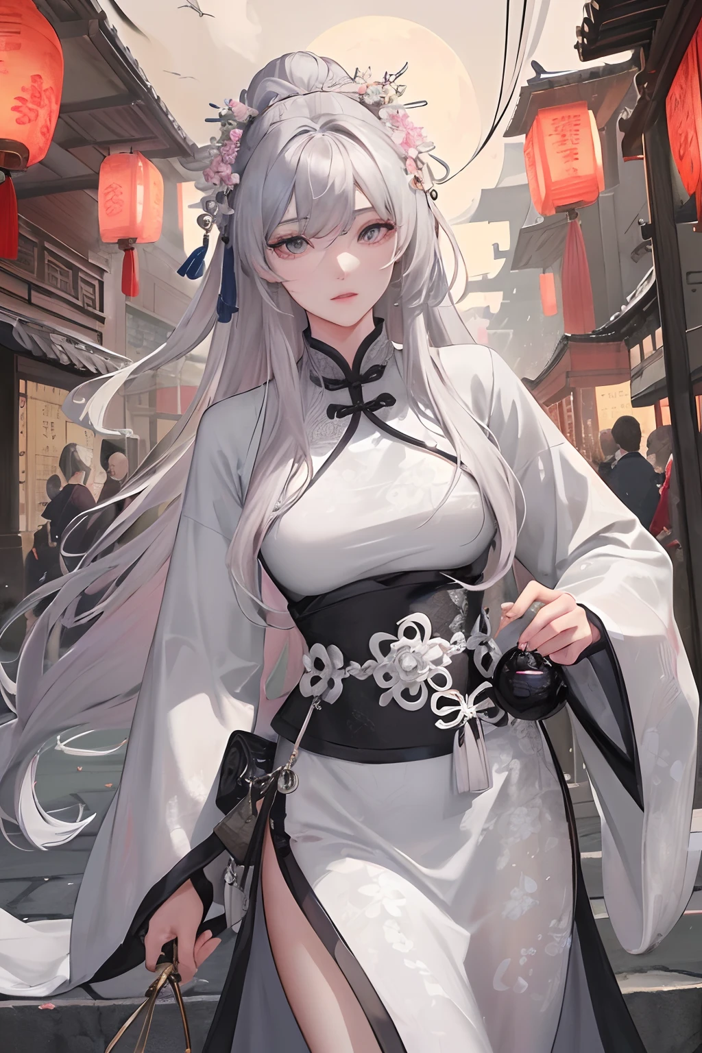 Masterpiece, Best Quality, Night, Full Moon, 1 Girl, Mature Woman, Chinese Style, Ancient China, Sisters, Royal Sisters, Cold Expressions, Faceless, Silver White Long haired Woman, Light Pink Lips, Calm, Intellectual, Three Belts, Gray Pupils, Assassin, Flower Lantern, Carrying Lanterns, Flower Ball Background, Strolling on the Street Landscape
