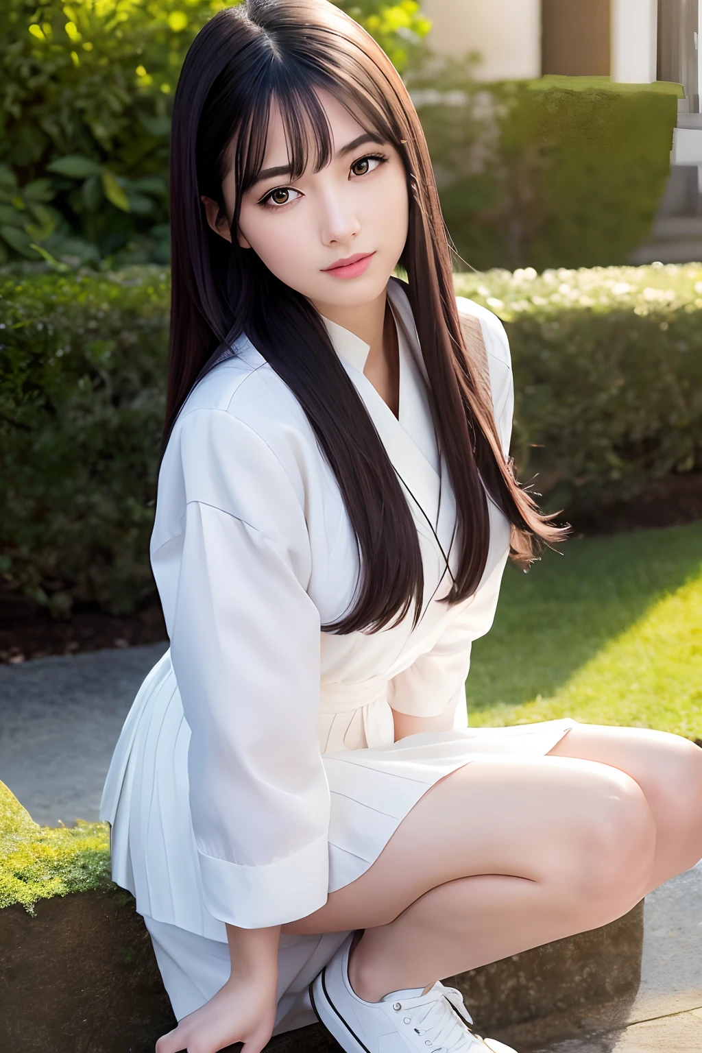 (extremely detailed CG unity 8k wallpaper), (masterpiece), (best quality), (ultra-detailed), (best illustration), (best shadow), (photorealistic:1.5), (PureErosFace_V1:0.5),real human skin, lens flare, shade, backlighting, bloom, depth of field, natural lighting, hard focus, film grain,look at the viewer,
1 girl, 21 yo, solo, skinny, pale skin, soft lips, (light eyebrow:1.4),shiny brown eyes, black very long straight hair, small breasts, beautiful detailed sky, detailed west garden(crowd:1.2), sunshine, (nose blush), beautiful detailed eyes, white japanese school uniform, sailor suit, dark red pleated skirt, sneakers