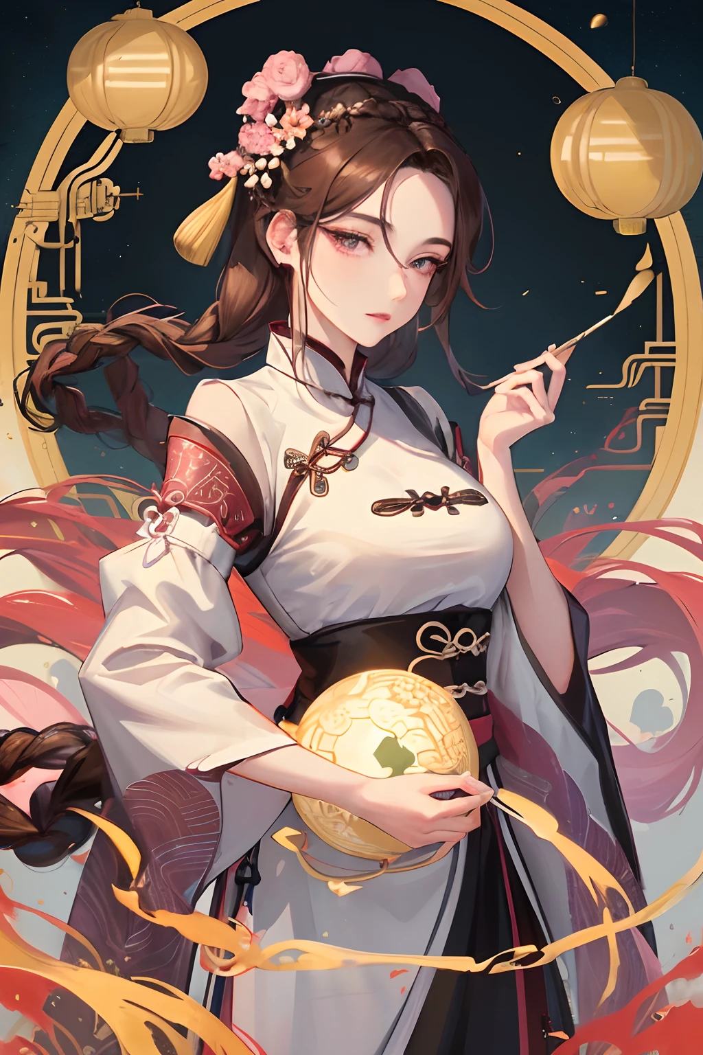 Masterpiece, best quality, night, full moon, 1 girl, mature woman, Chinese style, ancient China, sister, imperial sister, cold expression, expressionless face, brown hair, princess cut, Fried Dough Twists braid, coiled hair, double ball head, light pink lips, calm, intellectual, middle parting hair, green pupil, hairpin,