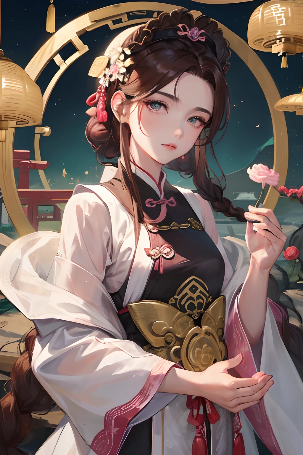 Masterpiece, best quality, night, full moon, 1 girl, mature woman, Chinese style, ancient China, sister, imperial sister, cold expression, expressionless face, brown hair, princess cut, Fried Dough Twists braid, coiled hair, double ball head, light pink lips, calm, intellectual, middle parting hair, green pupil, hairpin,