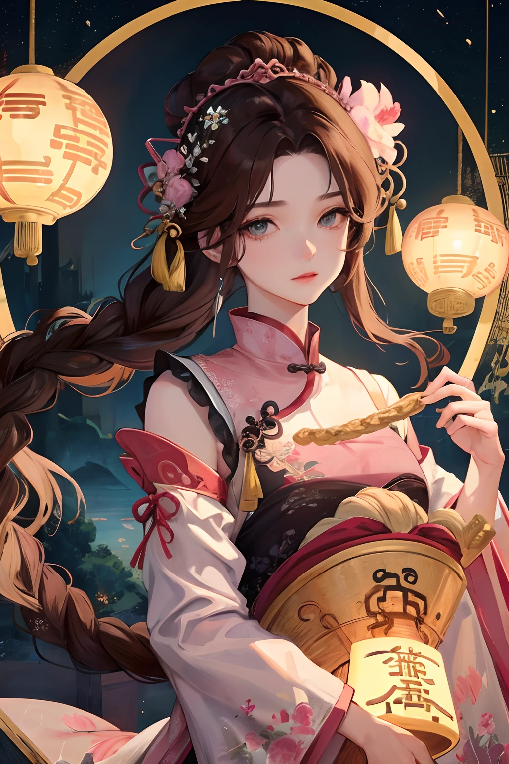 Masterpiece, best quality, night, full moon, 1 girl, mature woman, Chinese style, ancient China, elder sister, imperial sister, cold expression, expressionless face, brown hair, princess cut, single Fried Dough Twists braid, coiled hair, double ball head, light pink lips, calm, intellectual, middle parting hair, green pupil, hairpin, embroidery ball, flower ball, fan,